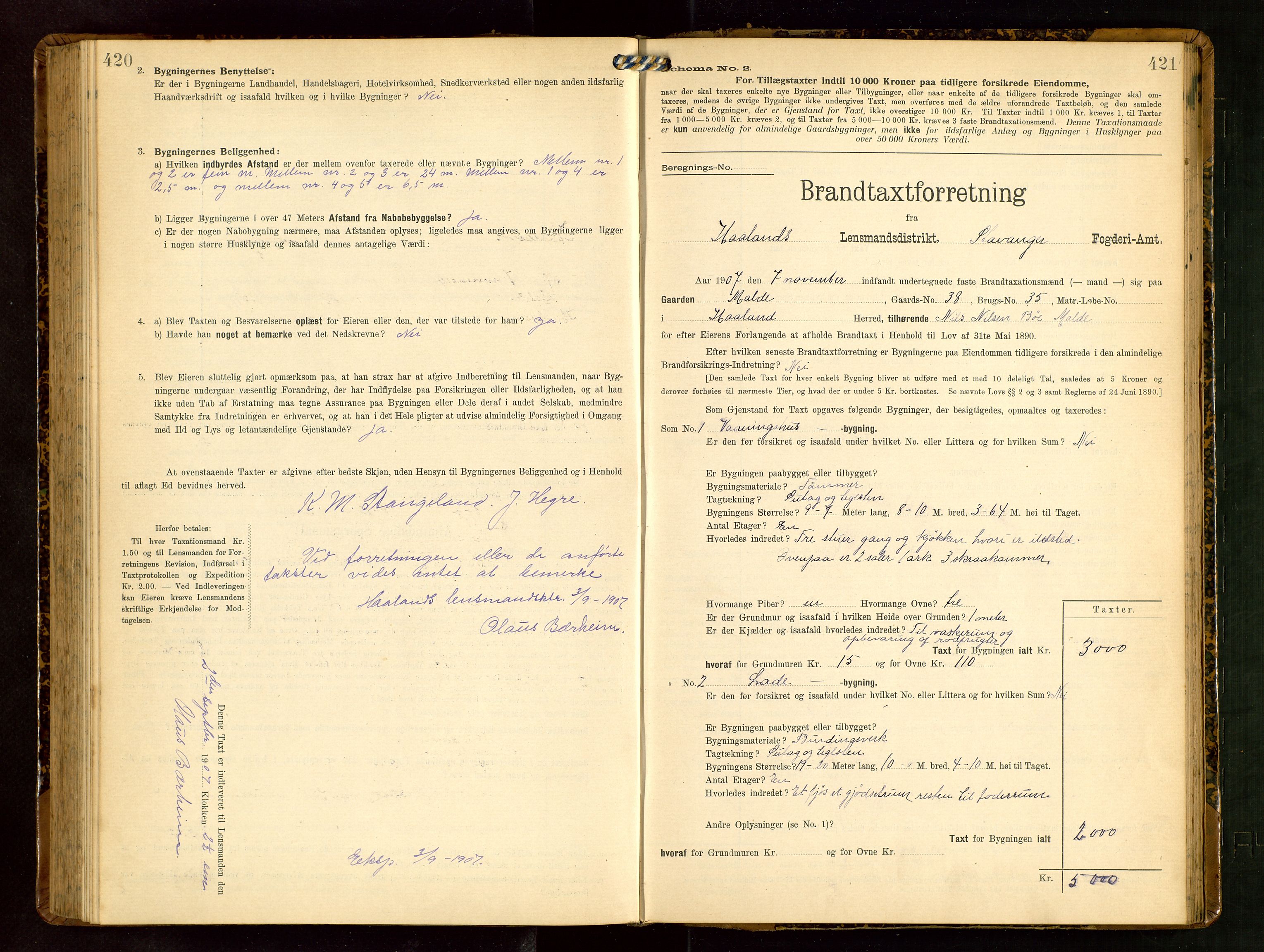 Håland lensmannskontor, SAST/A-100100/Gob/L0003: Branntakstprotokoll - skjematakst. Register i boken., 1909-1910, p. 420-421