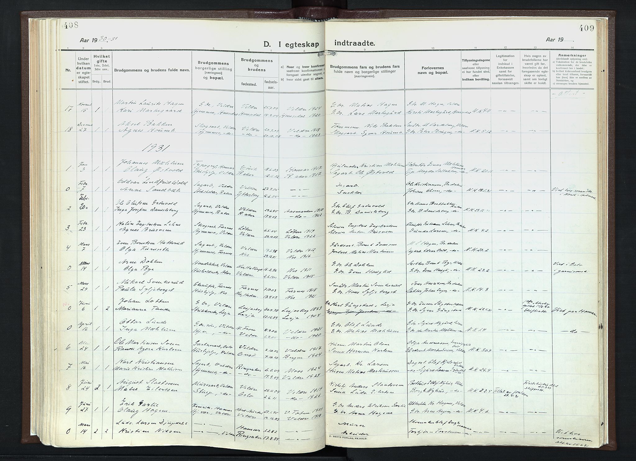 Veldre prestekontor, SAH/PREST-018/K/Ka/L0001: Parish register (official) no. 1, 1921-1934, p. 408-409