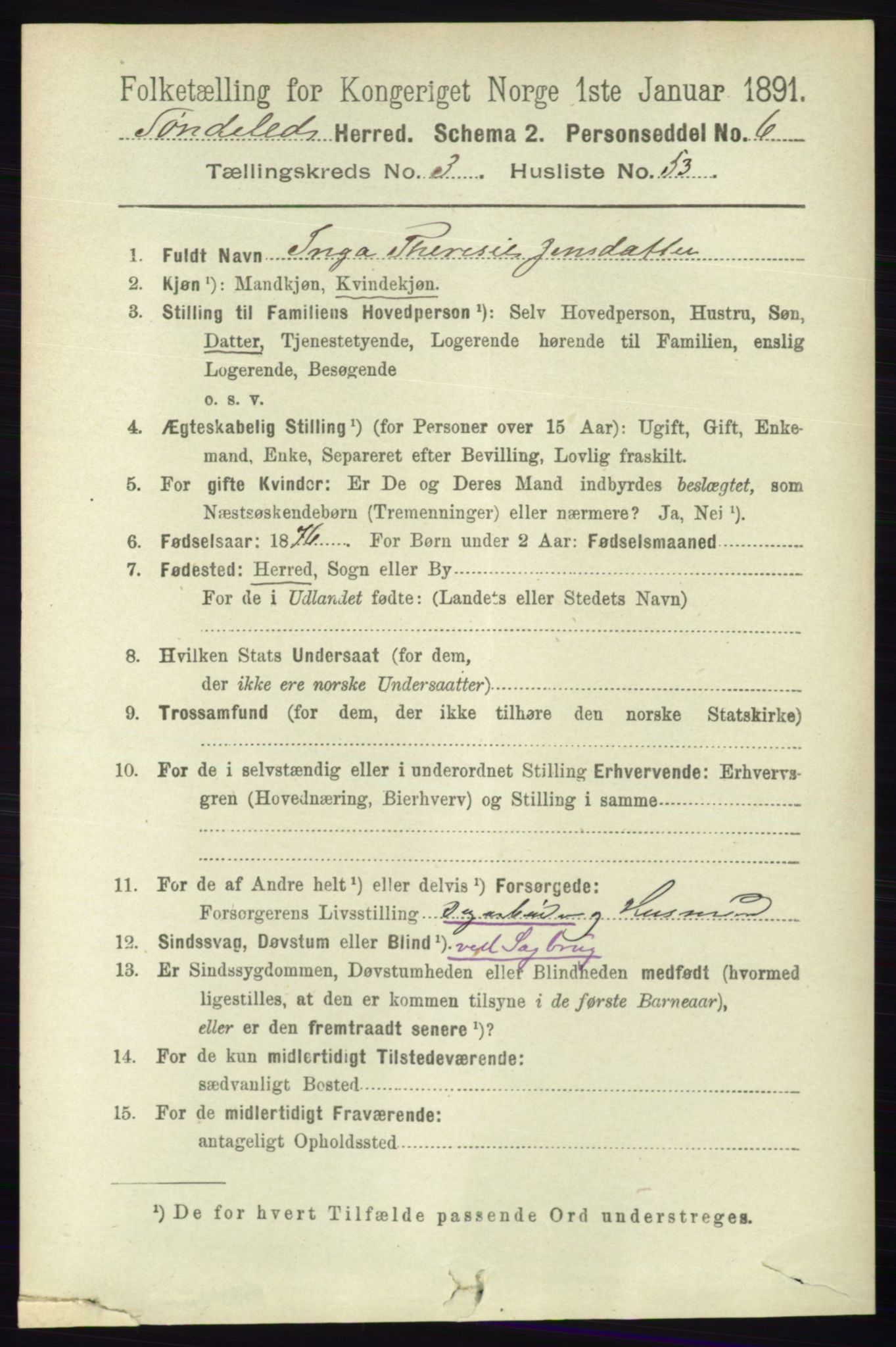 RA, 1891 census for 0913 Søndeled, 1891, p. 874