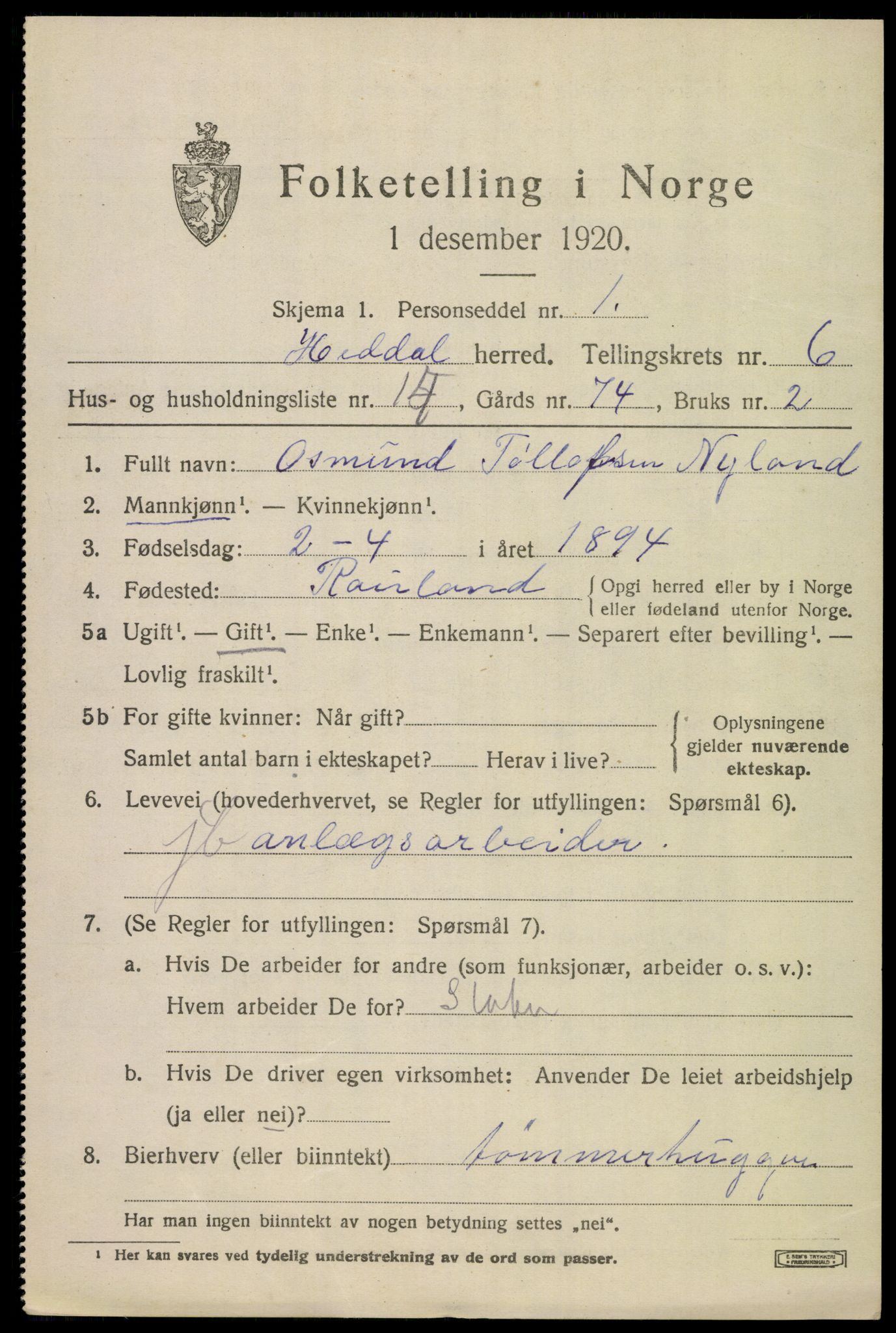 SAKO, 1920 census for Heddal, 1920, p. 5314