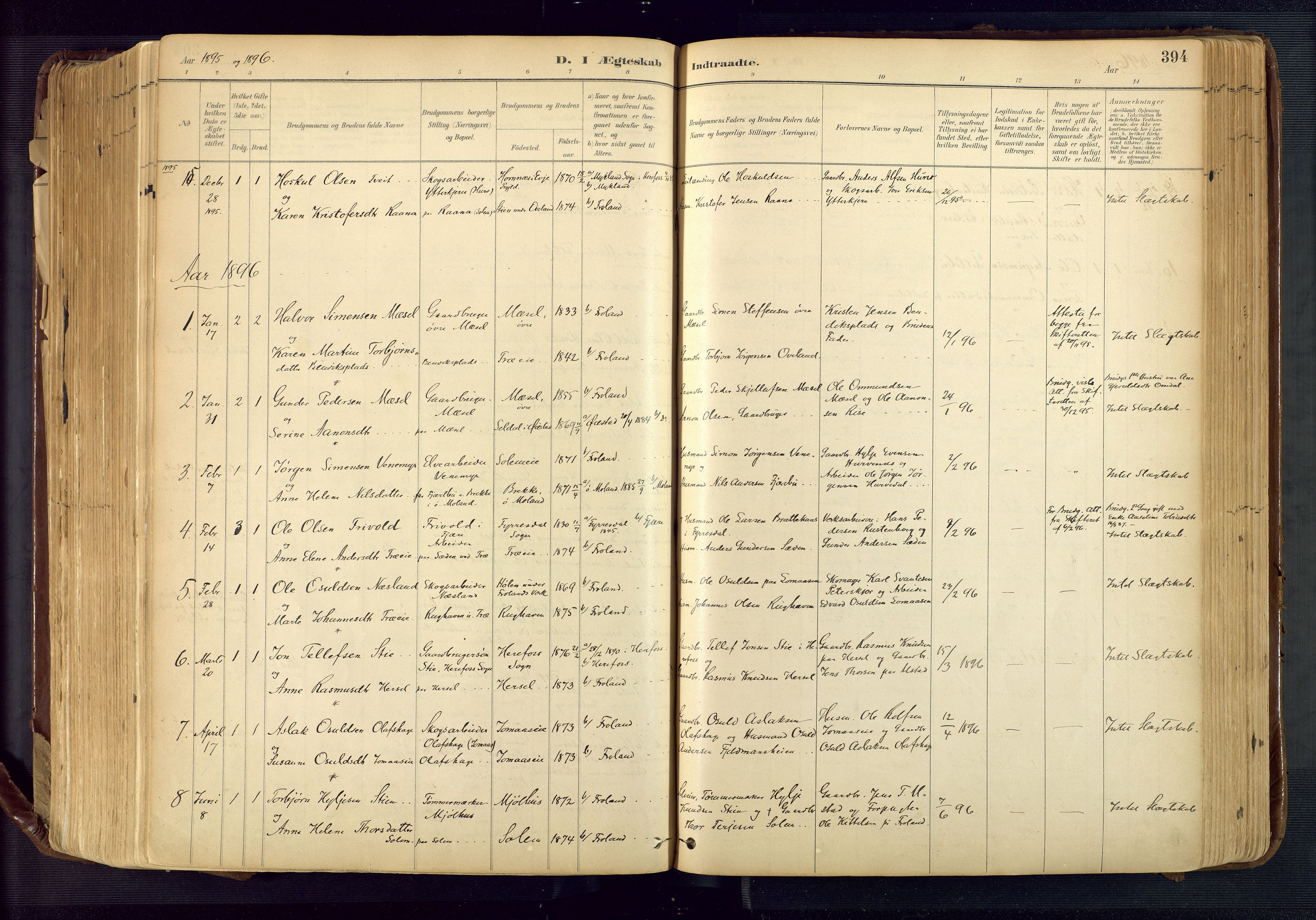 Froland sokneprestkontor, SAK/1111-0013/F/Fa/L0005: Parish register (official) no. A 5, 1882-1921, p. 394