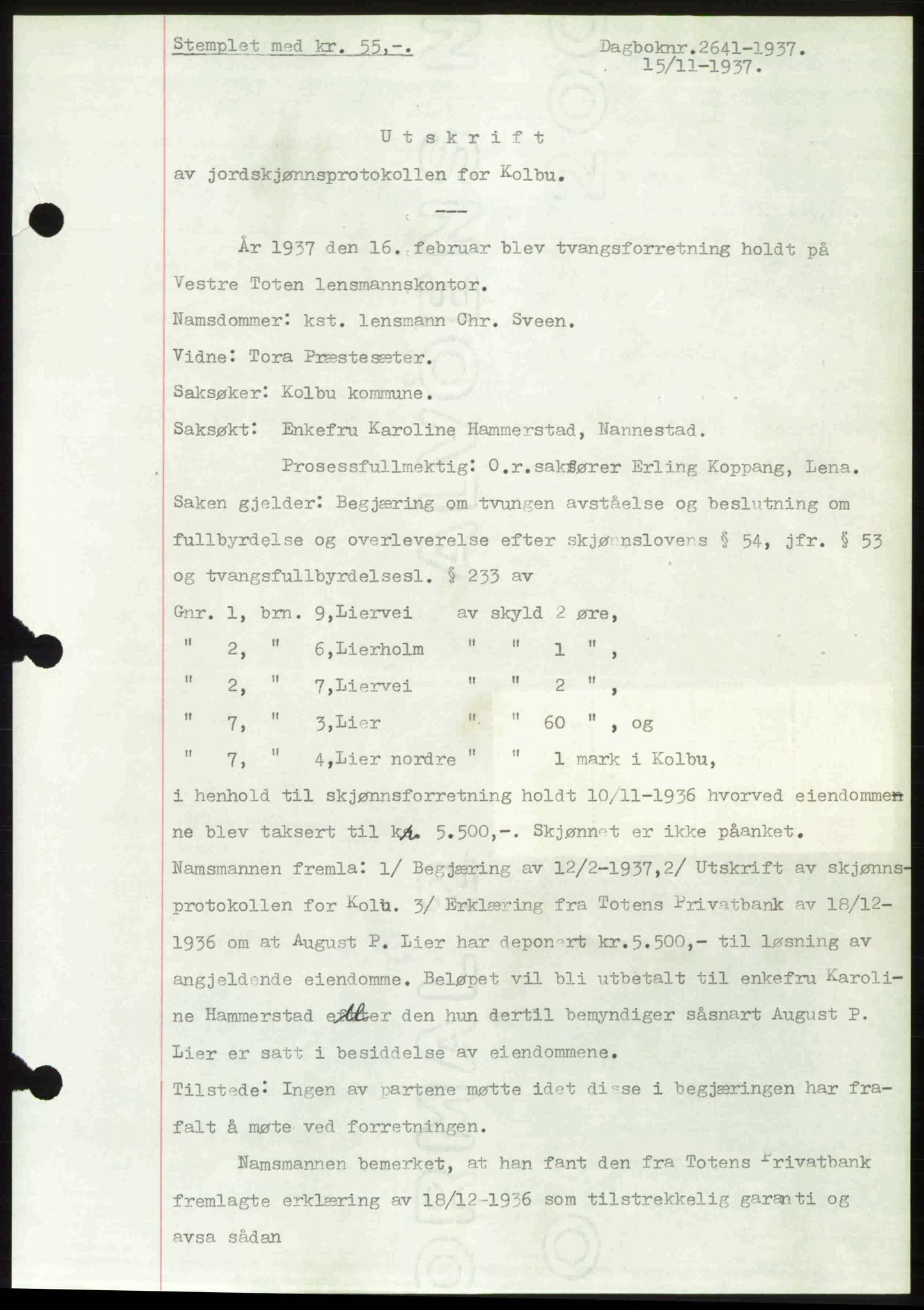 Toten tingrett, SAH/TING-006/H/Hb/Hbc/L0003: Mortgage book no. Hbc-03, 1937-1938, Diary no: : 2641/1937