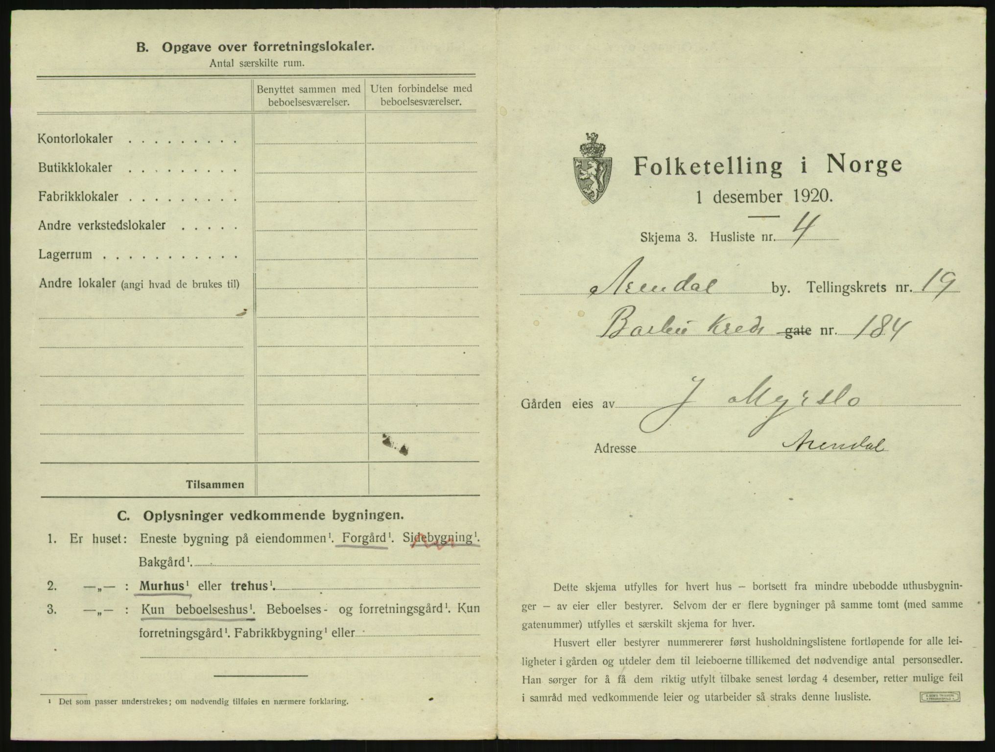 SAK, 1920 census for Arendal, 1920, p. 2920
