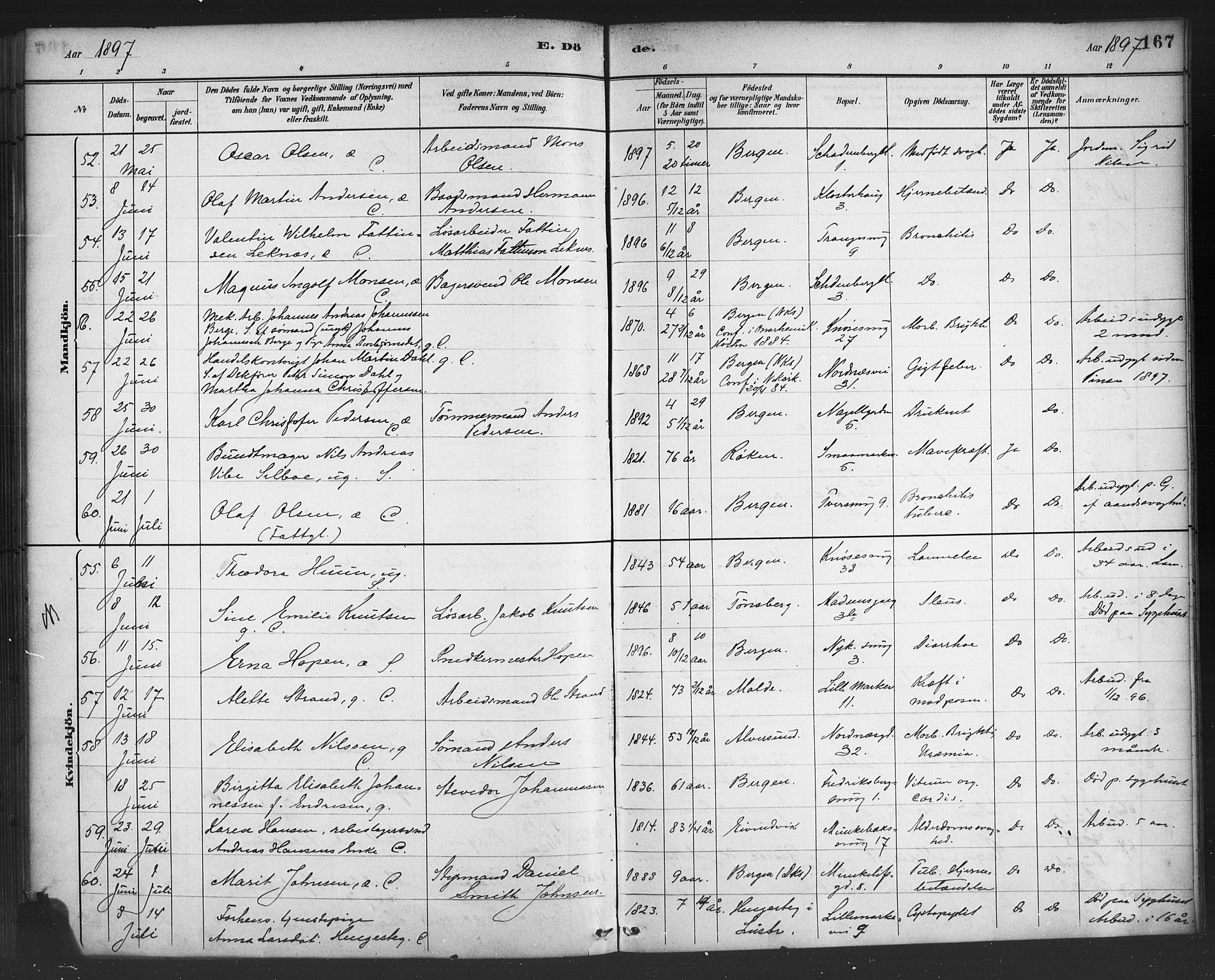 Nykirken Sokneprestembete, SAB/A-77101/H/Haa/L0044: Parish register (official) no. E 4, 1882-1898, p. 167