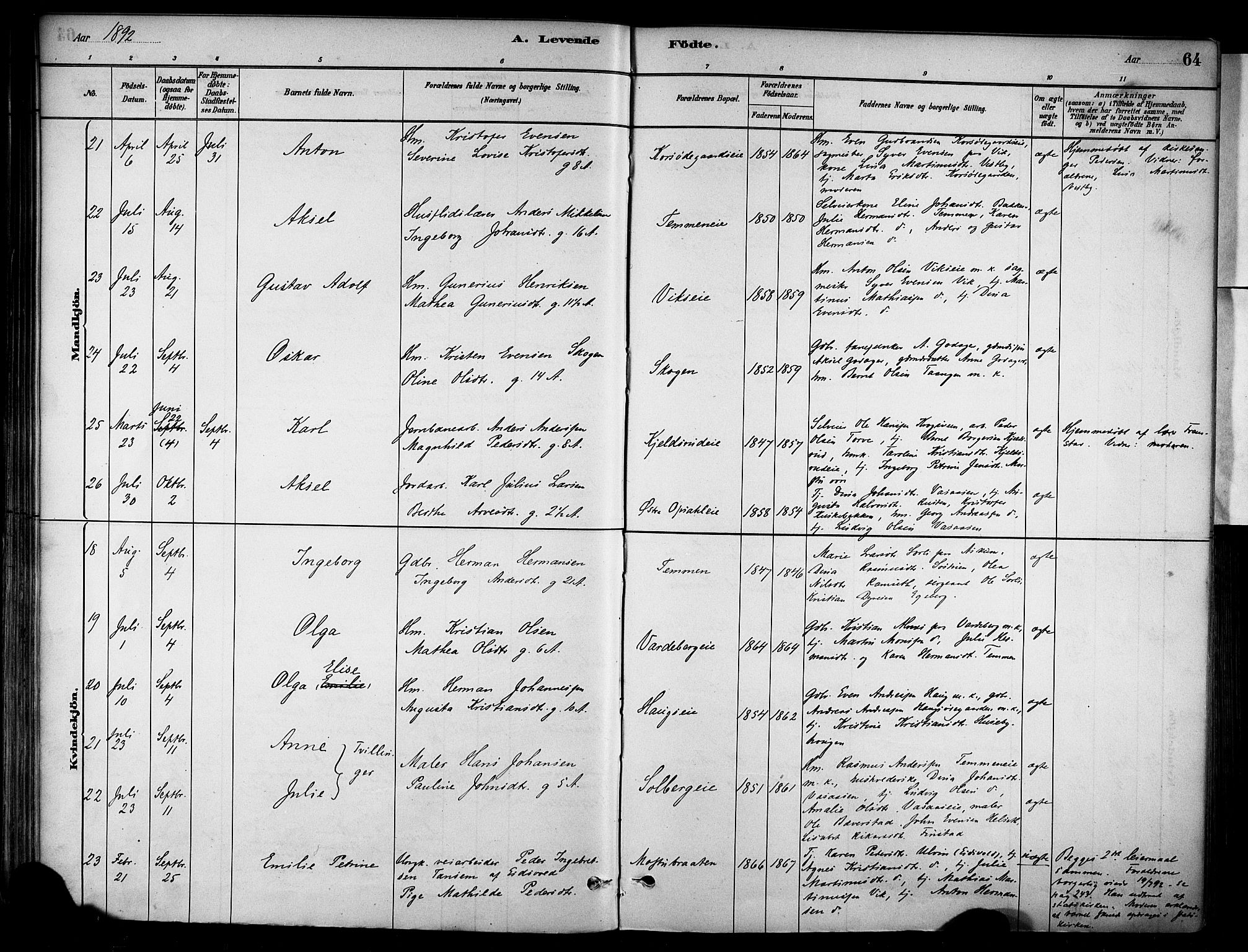 Stange prestekontor, AV/SAH-PREST-002/K/L0018: Parish register (official) no. 18, 1880-1896, p. 64