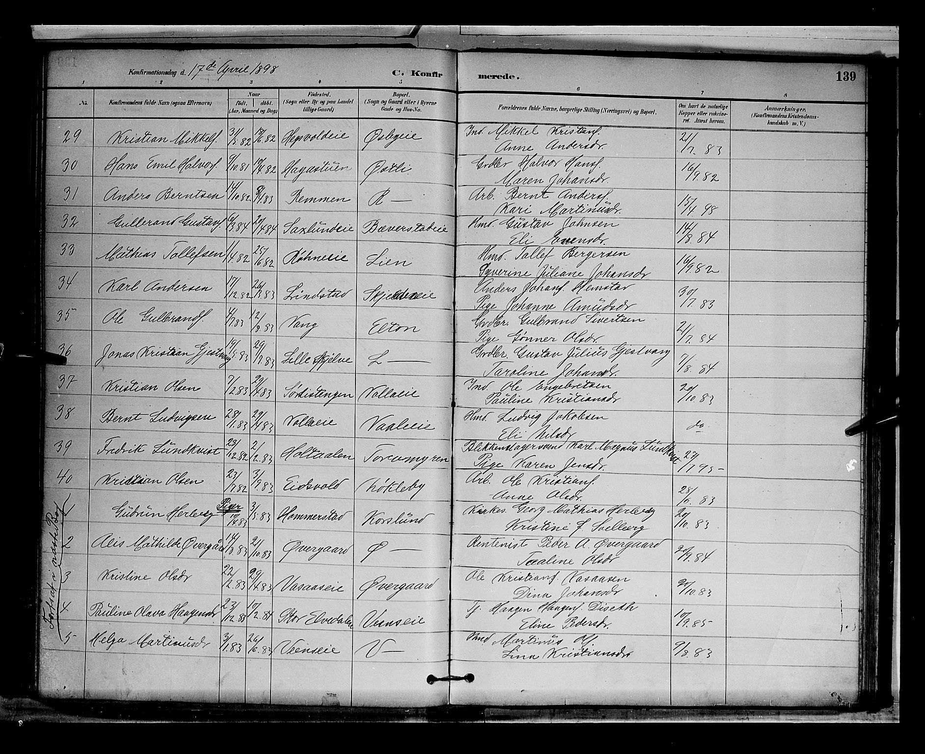 Stange prestekontor, AV/SAH-PREST-002/L/L0009: Parish register (copy) no. 9, 1883-1899, p. 139