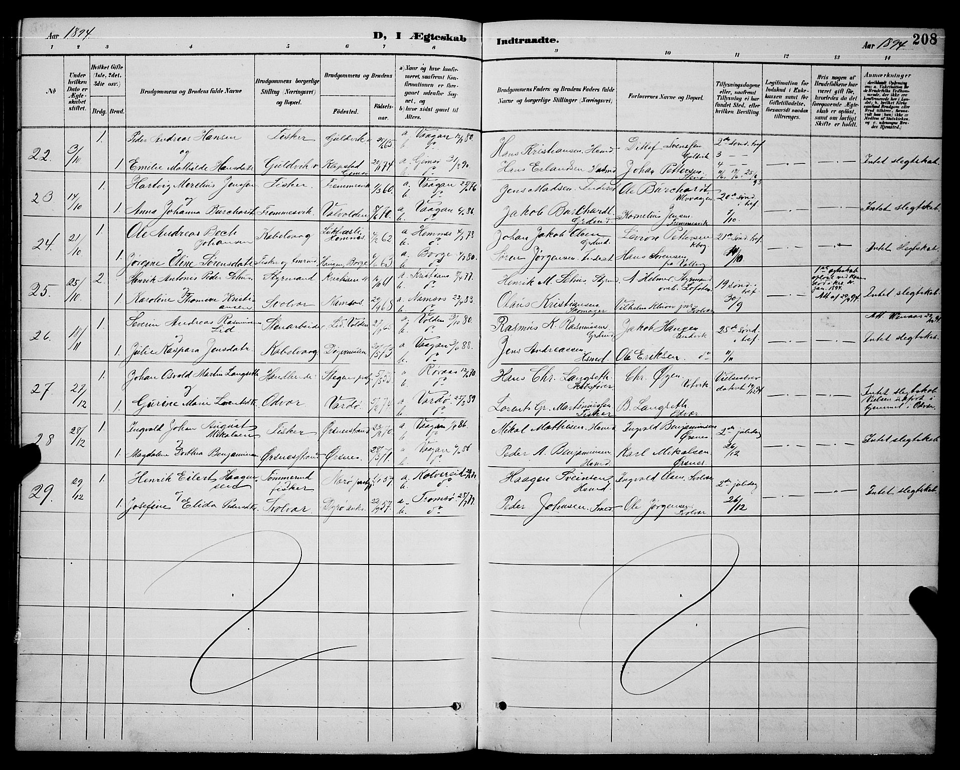 Ministerialprotokoller, klokkerbøker og fødselsregistre - Nordland, AV/SAT-A-1459/874/L1077: Parish register (copy) no. 874C06, 1891-1900, p. 208