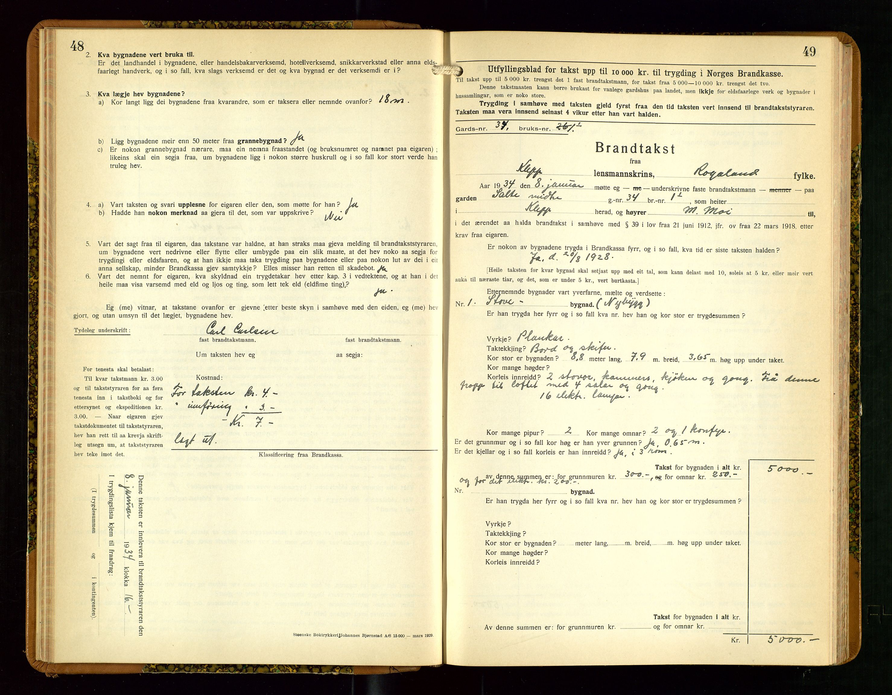 Klepp lensmannskontor, SAST/A-100163/Goc/L0013: "Brandtakstbok" m/register, 1933-1937, p. 48-49