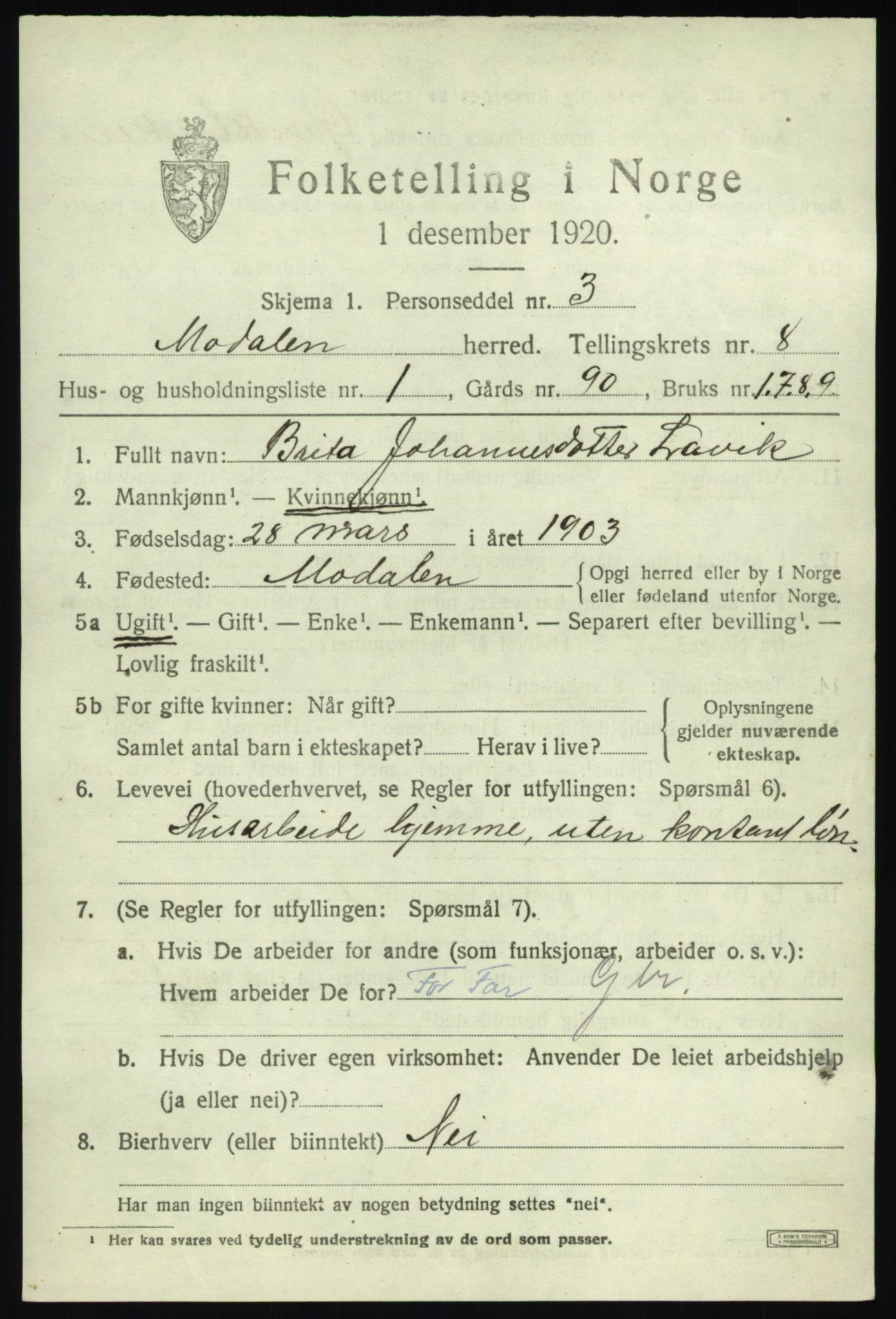 SAB, 1920 census for Modalen, 1920, p. 1458