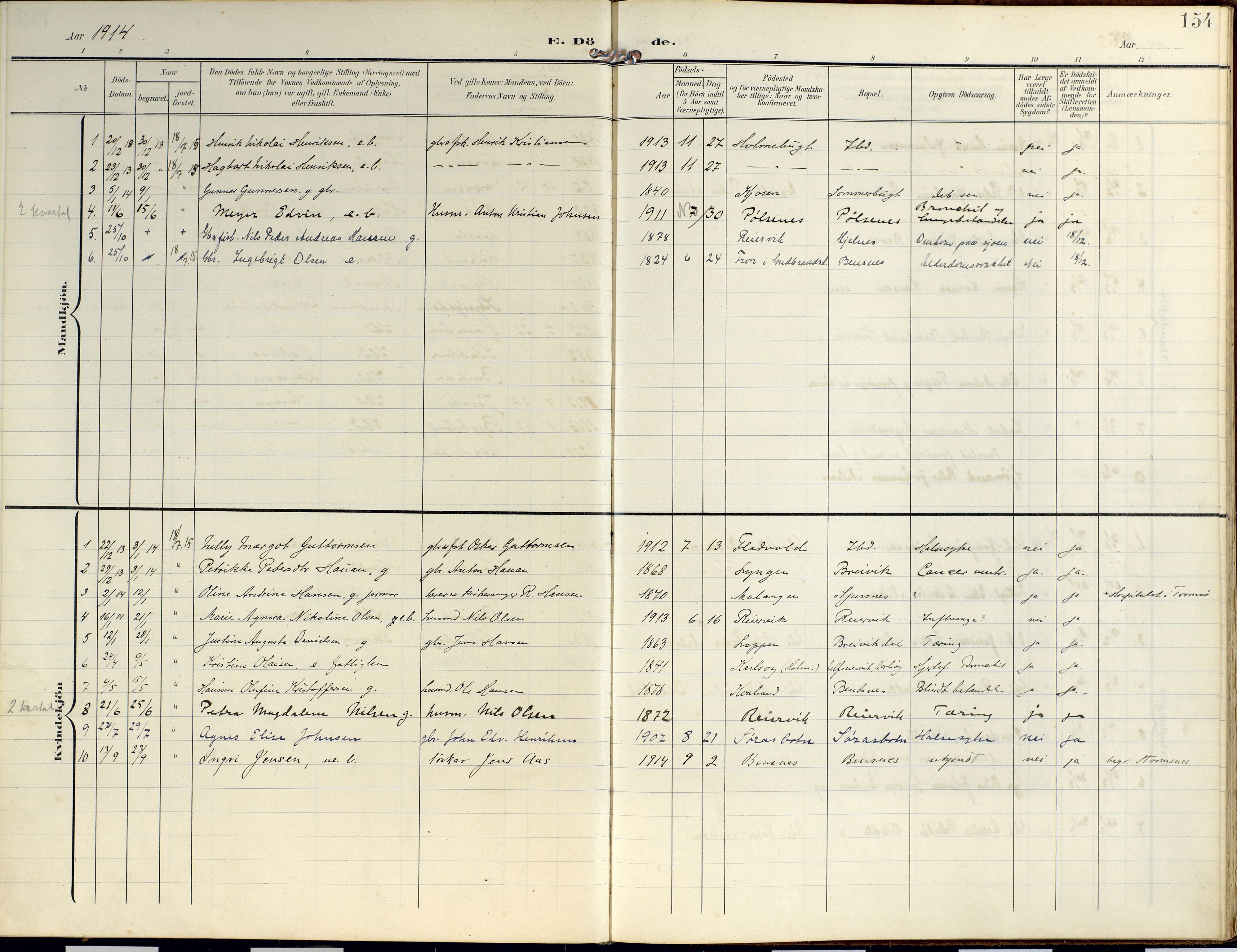 Lyngen sokneprestembete, AV/SATØ-S-1289/H/He/Hea/L0014kirke: Parish register (official) no. 14, 1905-1920, p. 154