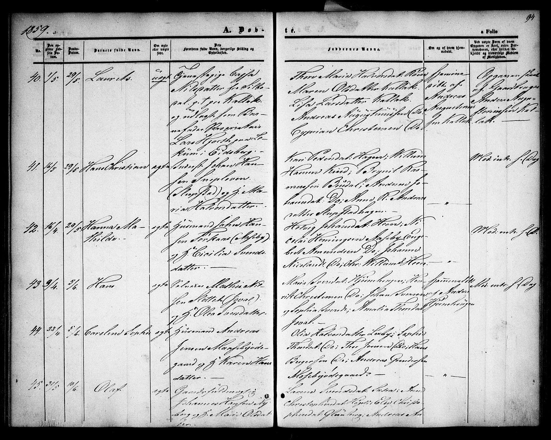 Rødenes prestekontor Kirkebøker, AV/SAO-A-2005/F/Fa/L0006: Parish register (official) no. I 6, 1850-1859, p. 94