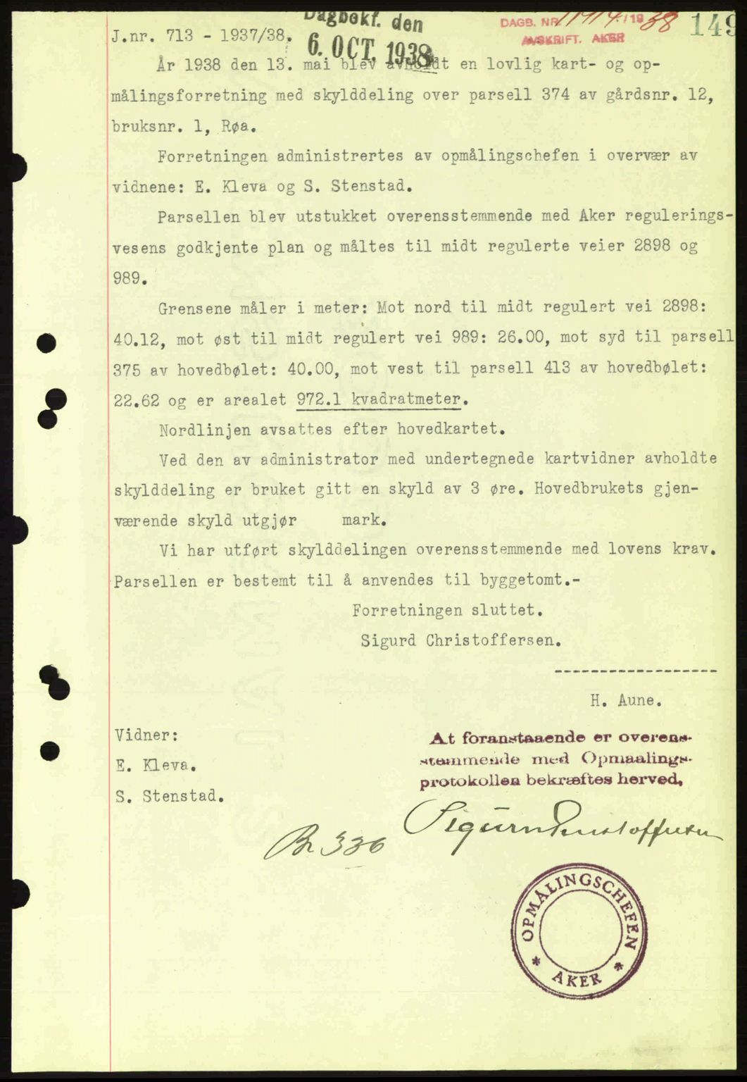 Aker herredsskriveri, SAO/A-10896/G/Gb/Gba/Gbab/L0025: Mortgage book no. A154-155, 1938-1938, Diary no: : 11914/1938