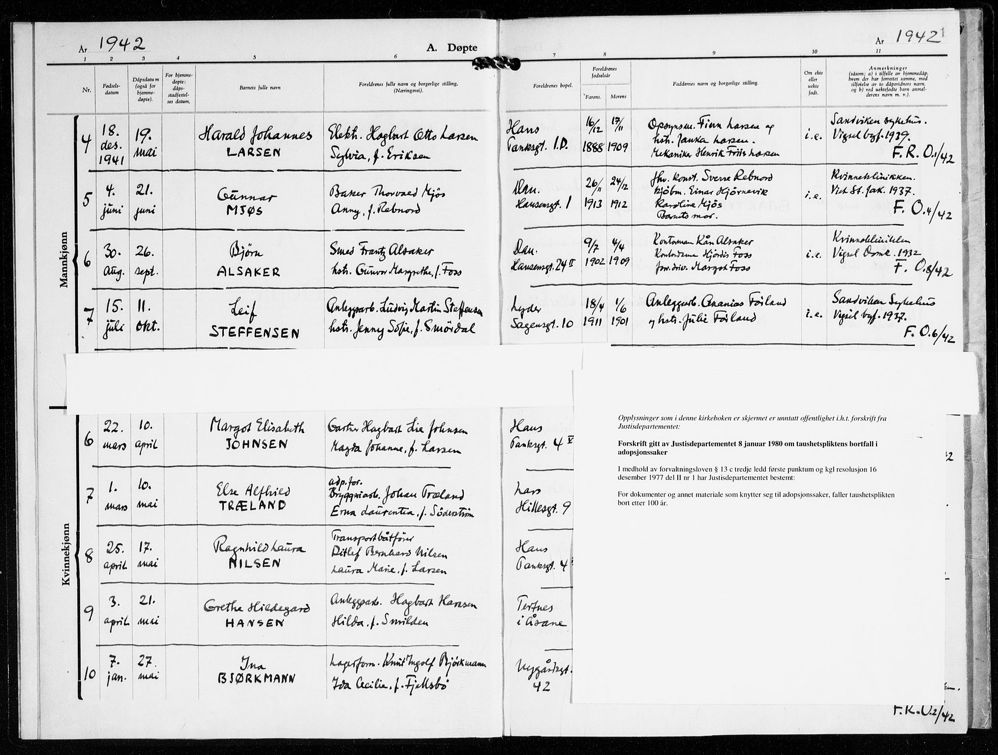 St. Jacob sokneprestembete, AV/SAB-A-78001/H/Haa/L0023: Parish register (official) no. G 1, 1942-1945, p. 1