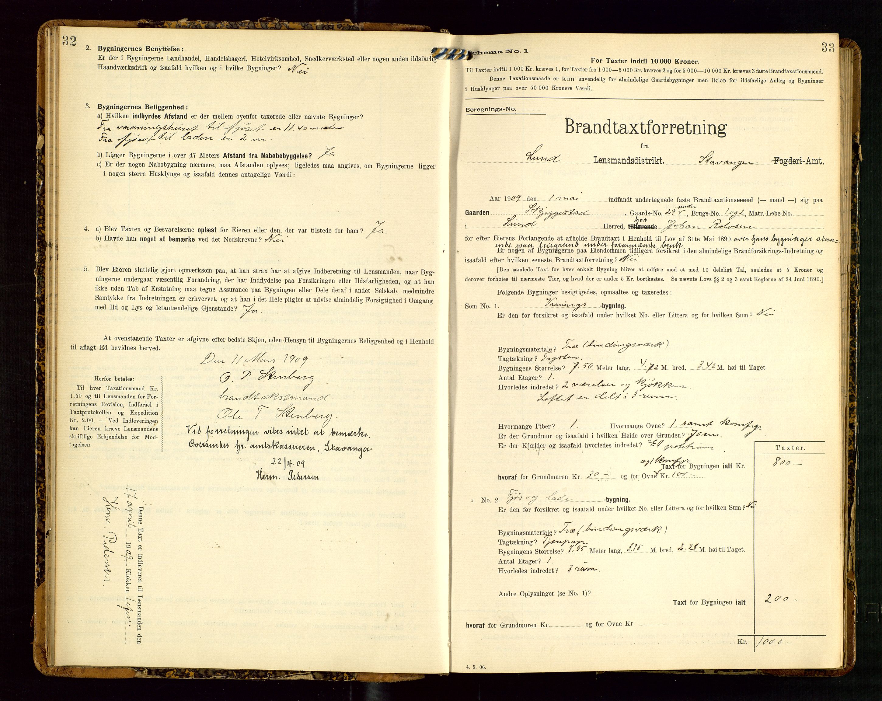 Lund lensmannskontor, AV/SAST-A-100303/Gob/L0002: "Brandtakstprotokol", 1908-1918, p. 32-33