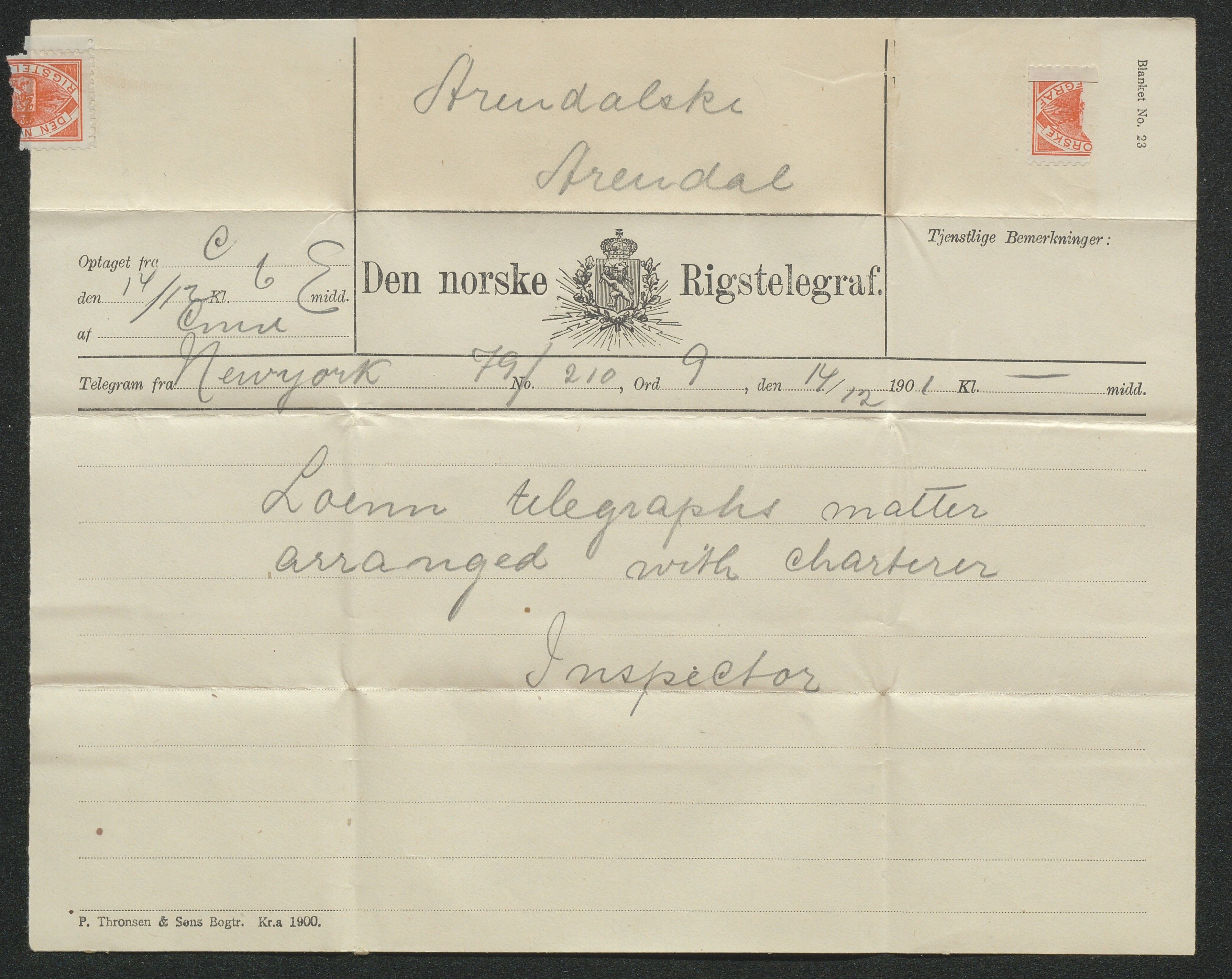 Arendals Dampskibsselskab (ADS), AAKS/PA-1716/1/15/L0018: Skipspapirer D/S Spero, 1898-1904