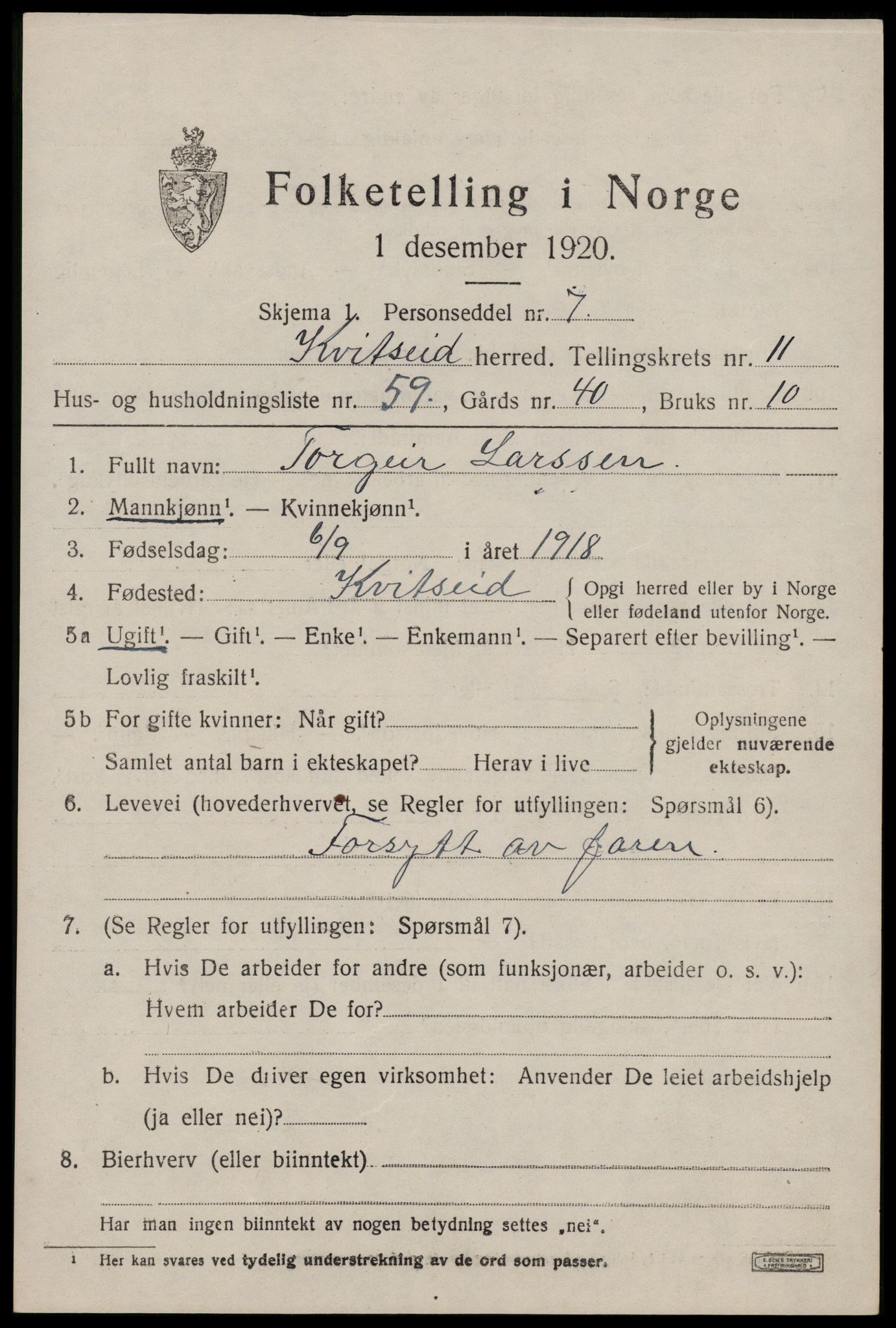 SAKO, 1920 census for Kviteseid, 1920, p. 5915