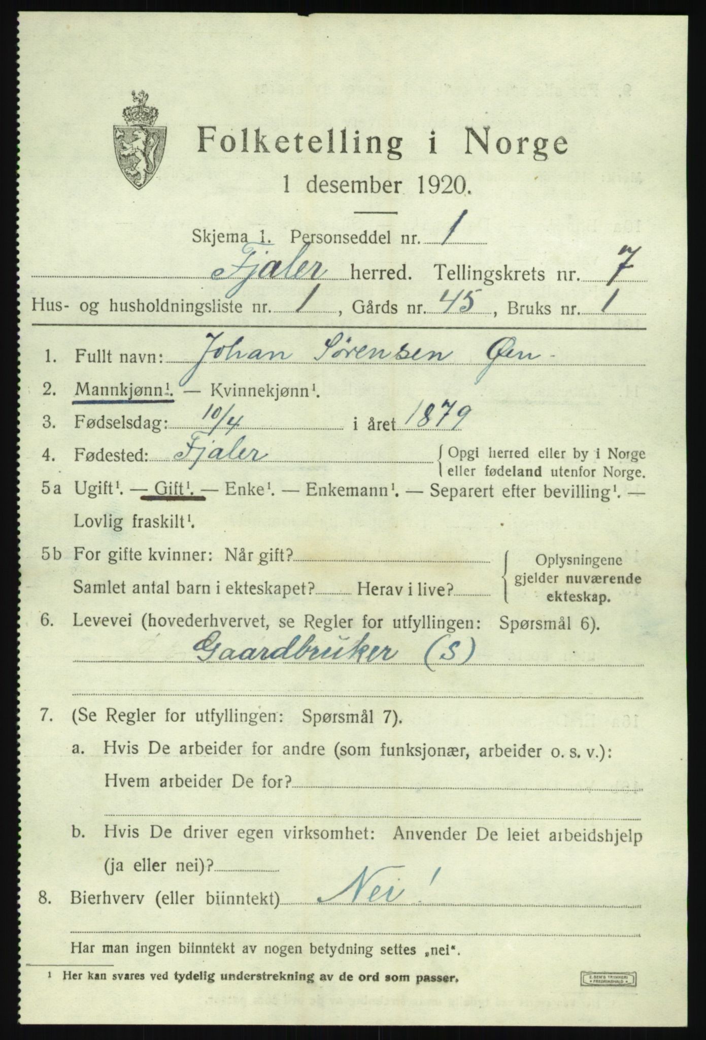 SAB, 1920 census for Fjaler, 1920, p. 4105