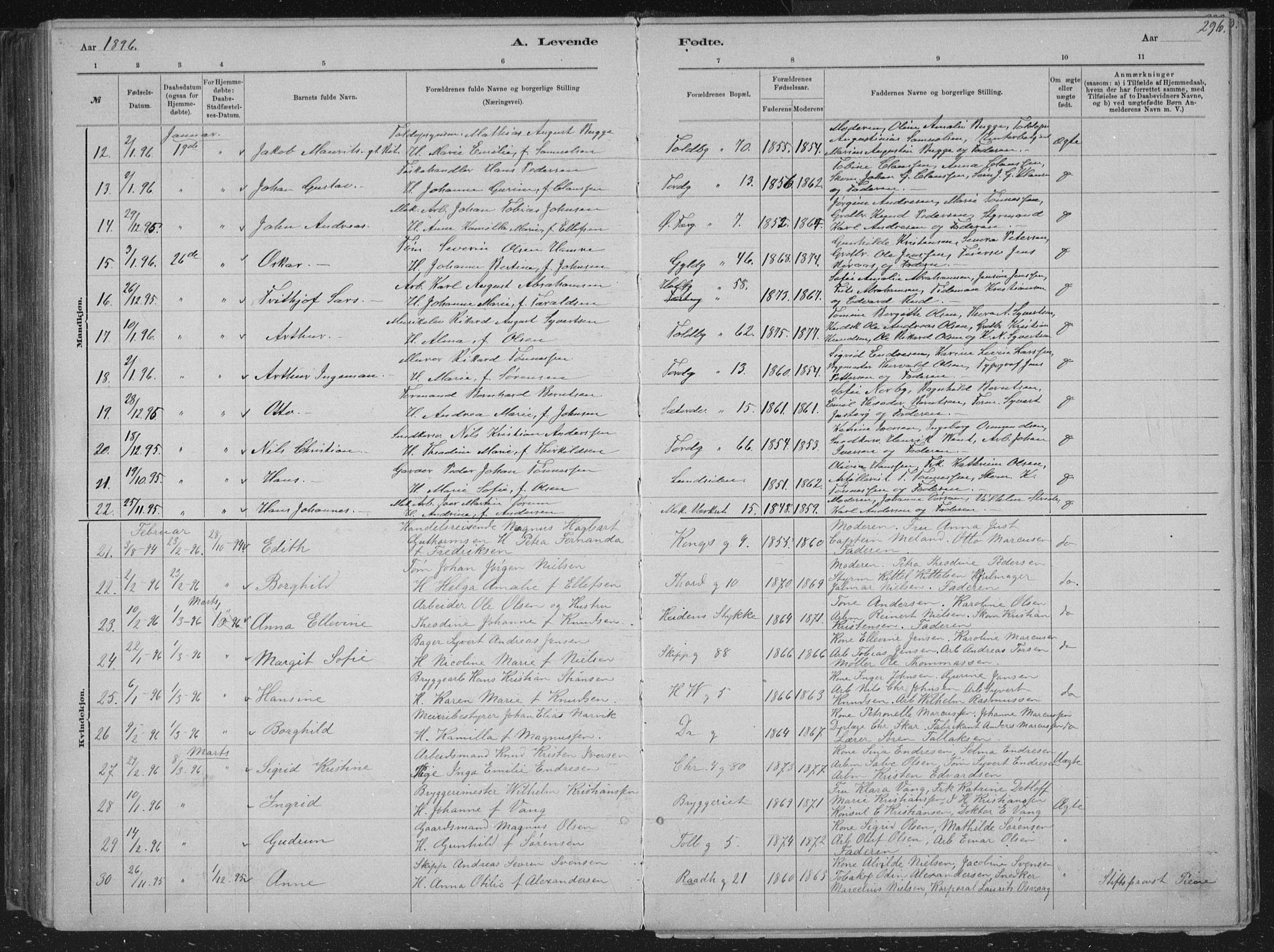 Kristiansand domprosti, SAK/1112-0006/F/Fb/L0014: Parish register (copy) no. B 14, 1881-1896, p. 296