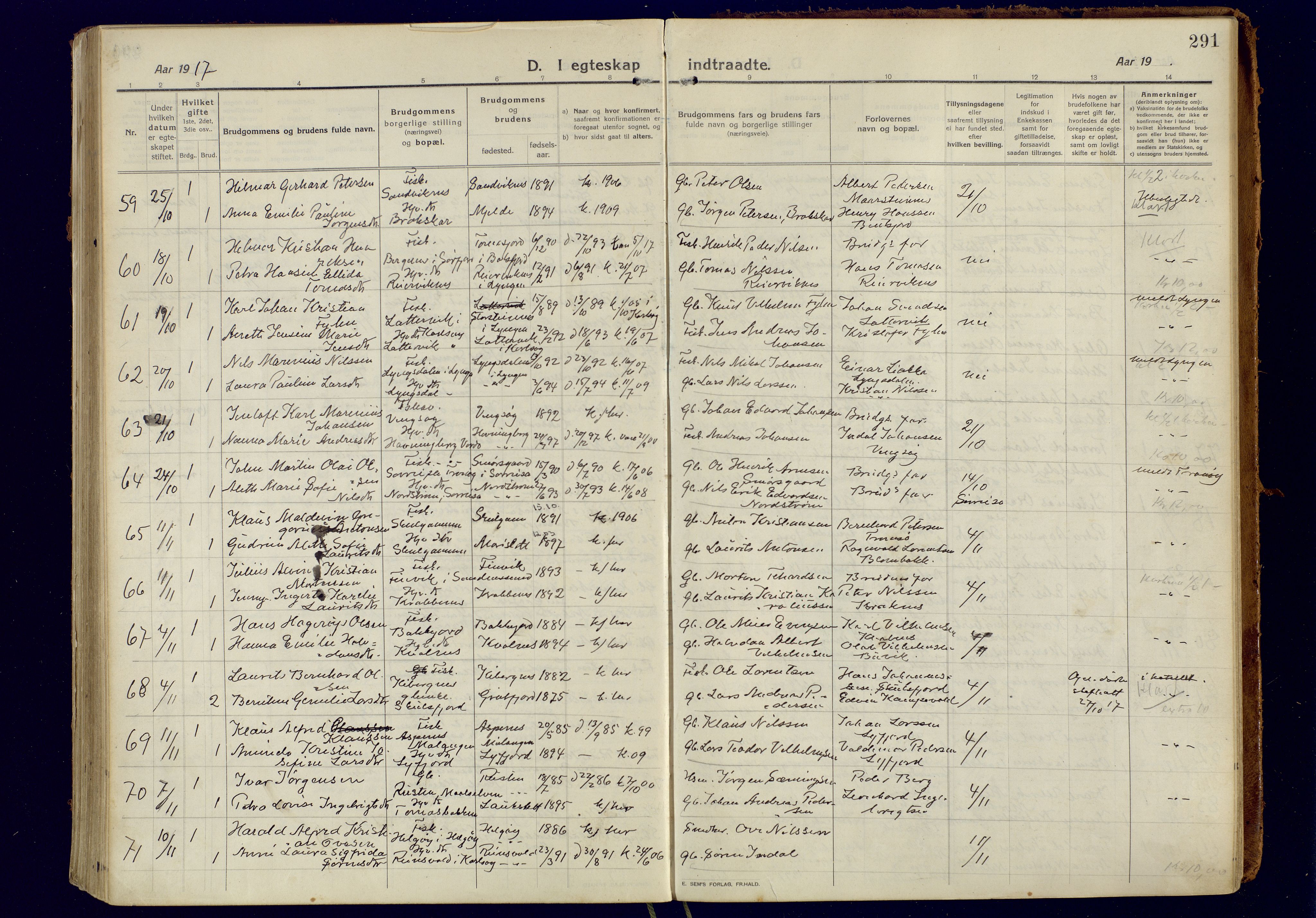 Tromsøysund sokneprestkontor, AV/SATØ-S-1304/G/Ga/L0008kirke: Parish register (official) no. 8, 1914-1922, p. 291