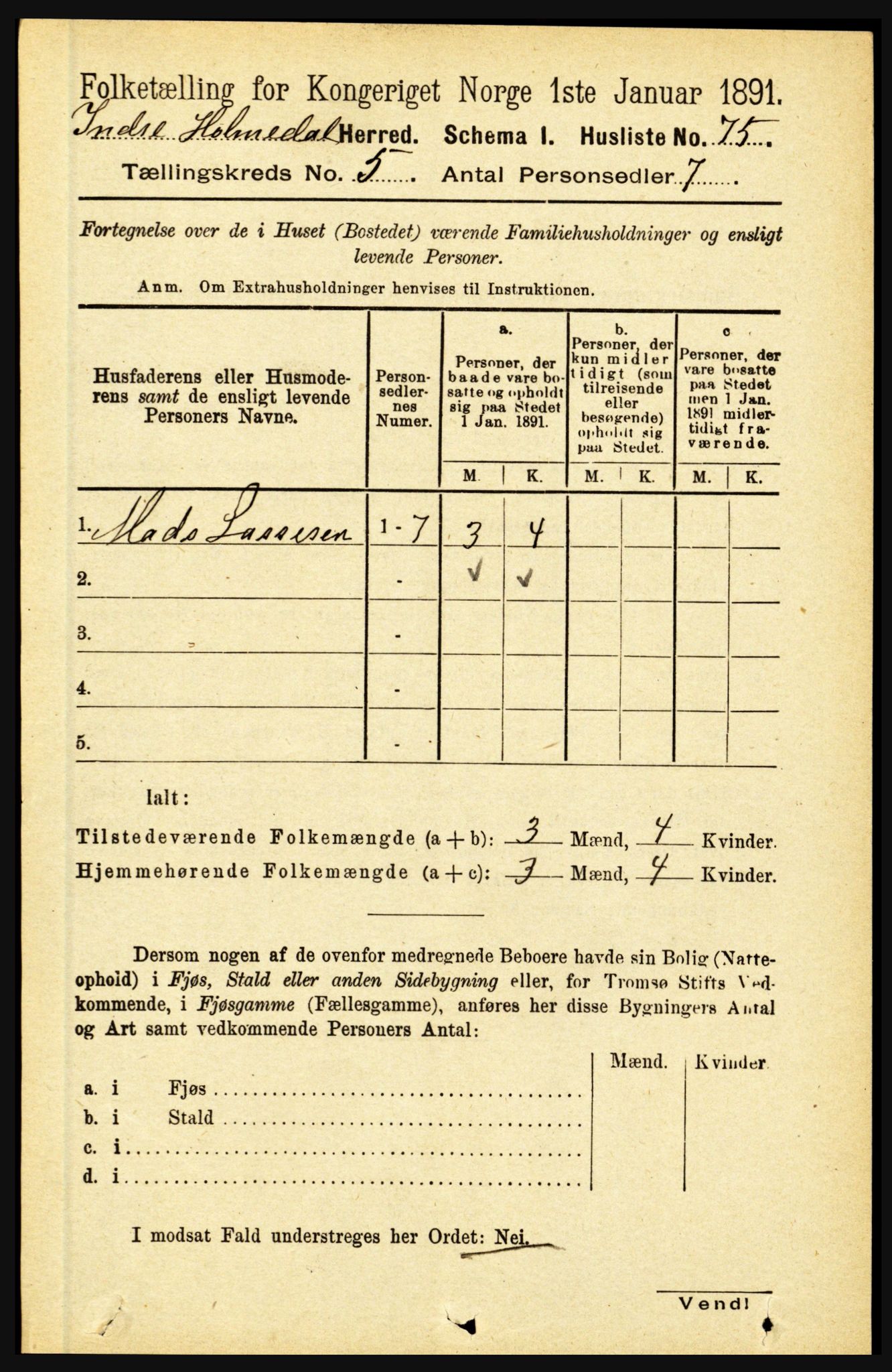 RA, 1891 census for 1430 Indre Holmedal, 1891, p. 1899