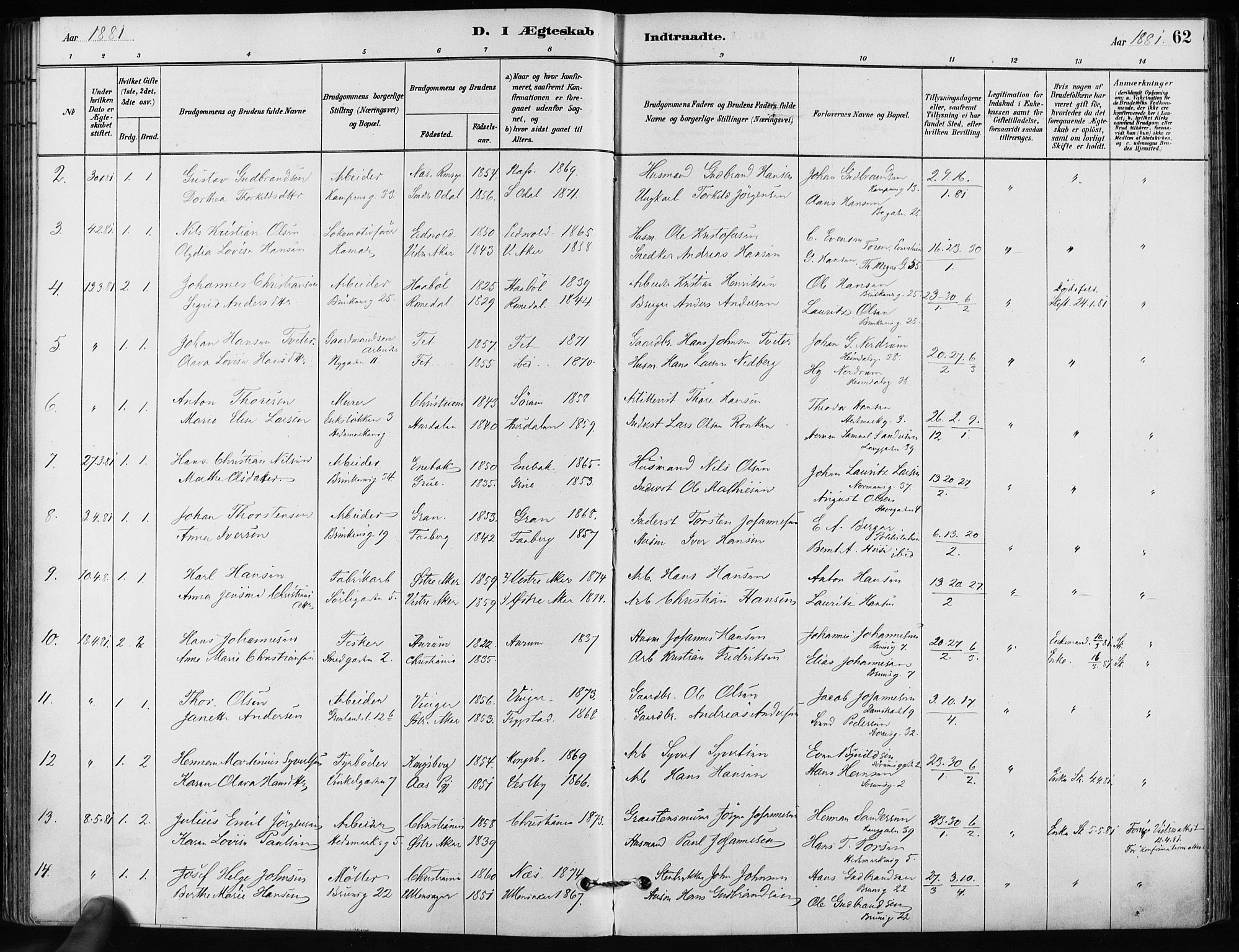 Kampen prestekontor Kirkebøker, AV/SAO-A-10853/F/Fa/L0002: Parish register (official) no. I 2, 1880-1888, p. 62