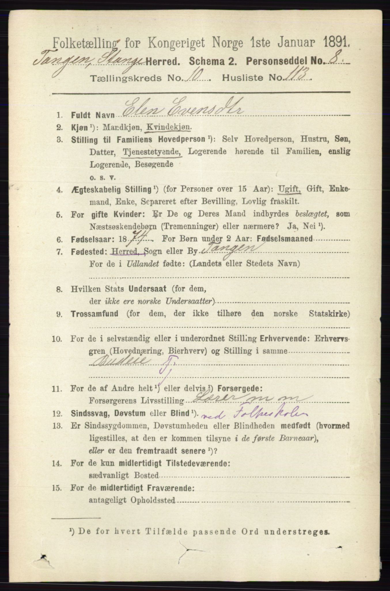 RA, 1891 census for 0417 Stange, 1891, p. 7427