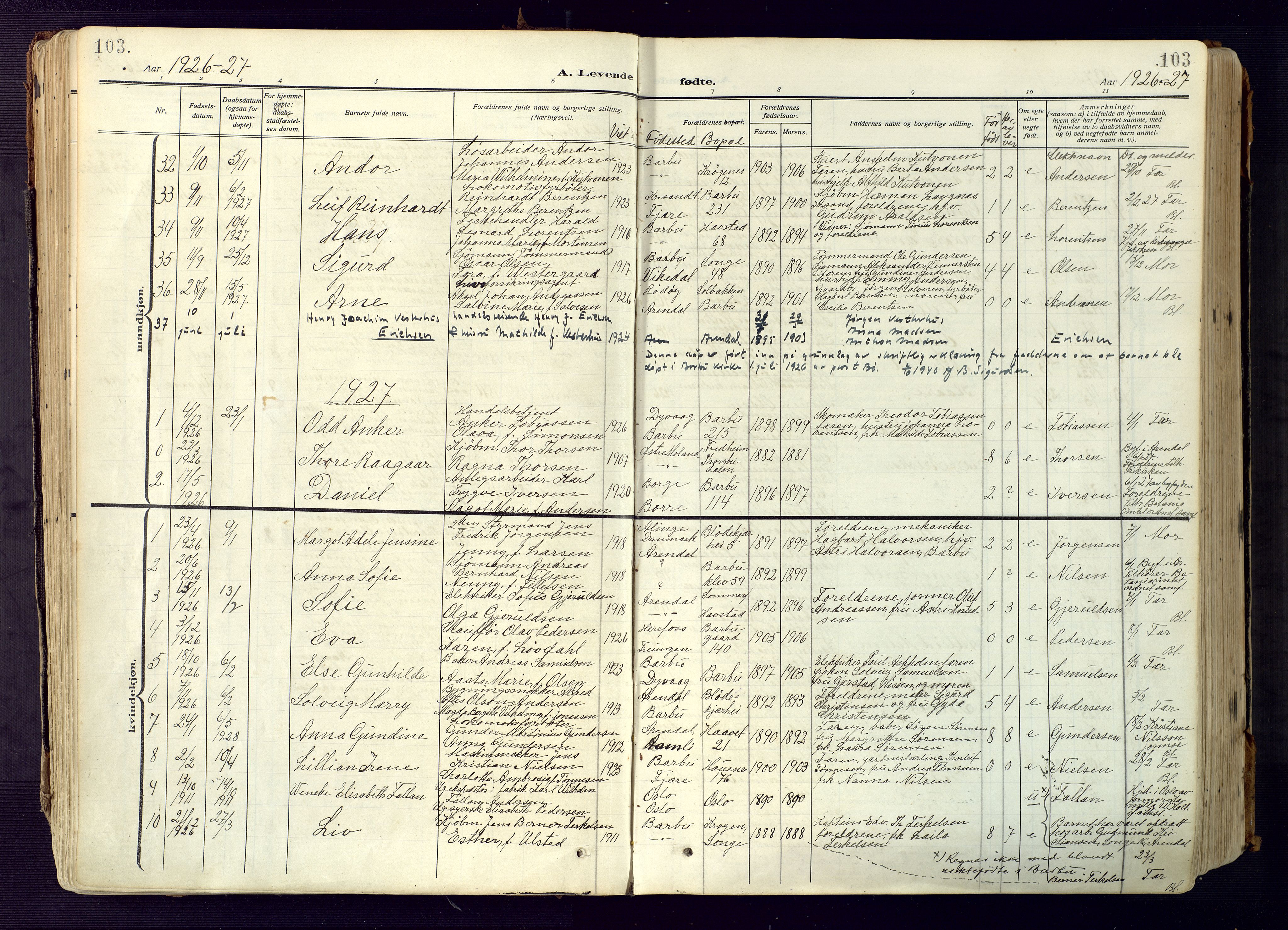 Barbu sokneprestkontor, SAK/1111-0003/F/Fa/L0006: Parish register (official) no. A 6, 1910-1929, p. 103