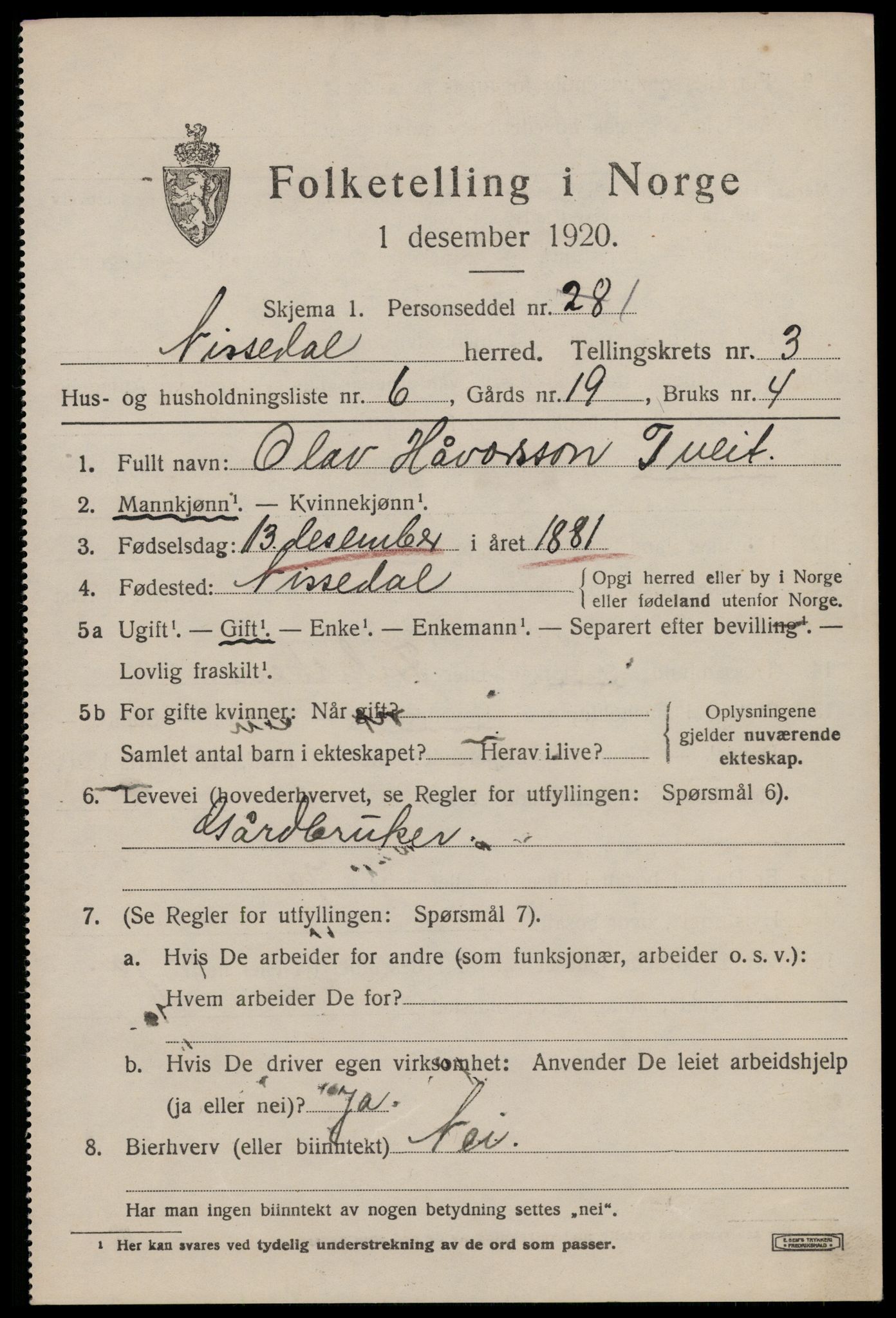 SAKO, 1920 census for Nissedal, 1920, p. 1551