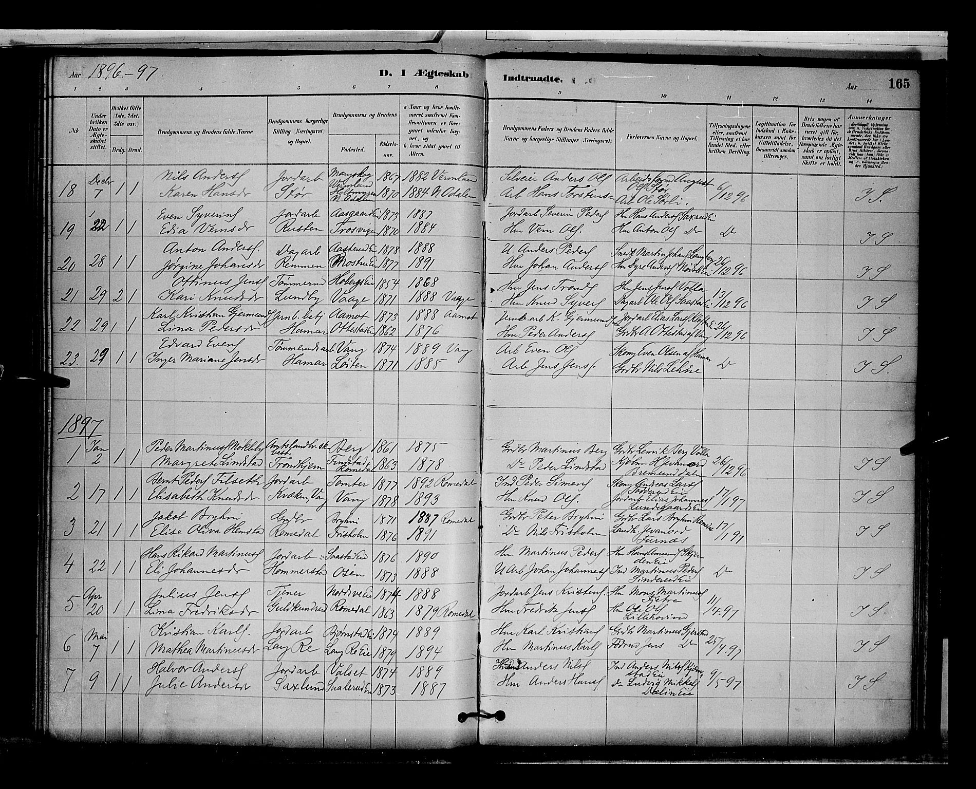 Stange prestekontor, AV/SAH-PREST-002/L/L0009: Parish register (copy) no. 9, 1883-1899, p. 165