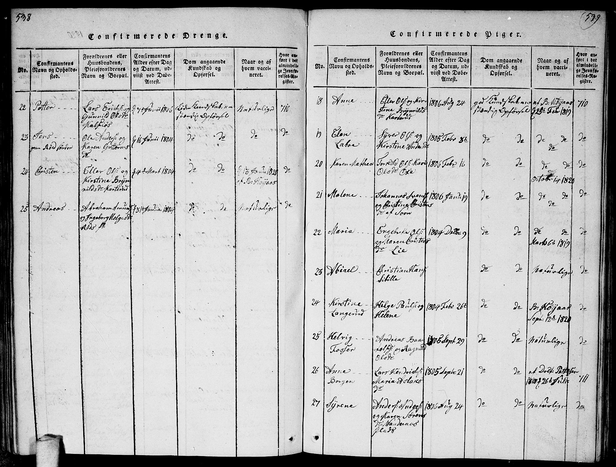 Vestby prestekontor Kirkebøker, AV/SAO-A-10893/F/Fa/L0005: Parish register (official) no. I 5, 1814-1827, p. 538-539