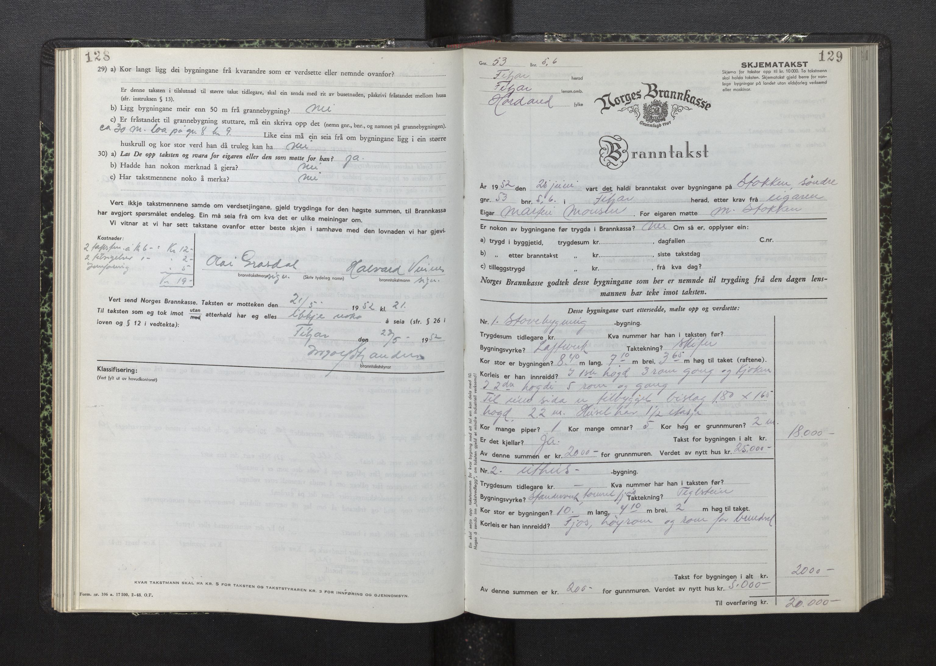 Lensmannen i Fitjar, AV/SAB-A-32001/0012/L0001b: Branntakstprotokoll, skjematakst, 1949-1955, p. 128-129