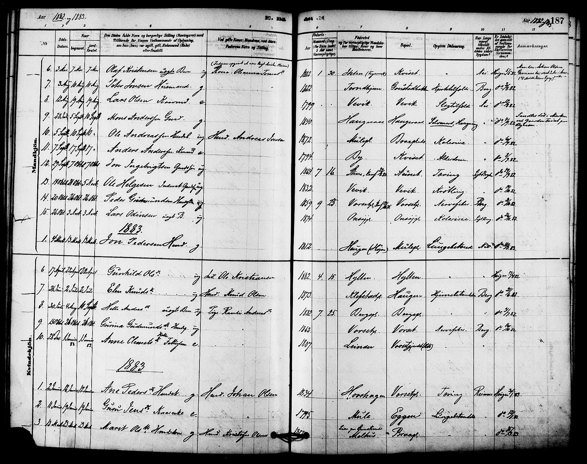 Ministerialprotokoller, klokkerbøker og fødselsregistre - Sør-Trøndelag, AV/SAT-A-1456/612/L0378: Parish register (official) no. 612A10, 1878-1897, p. 187