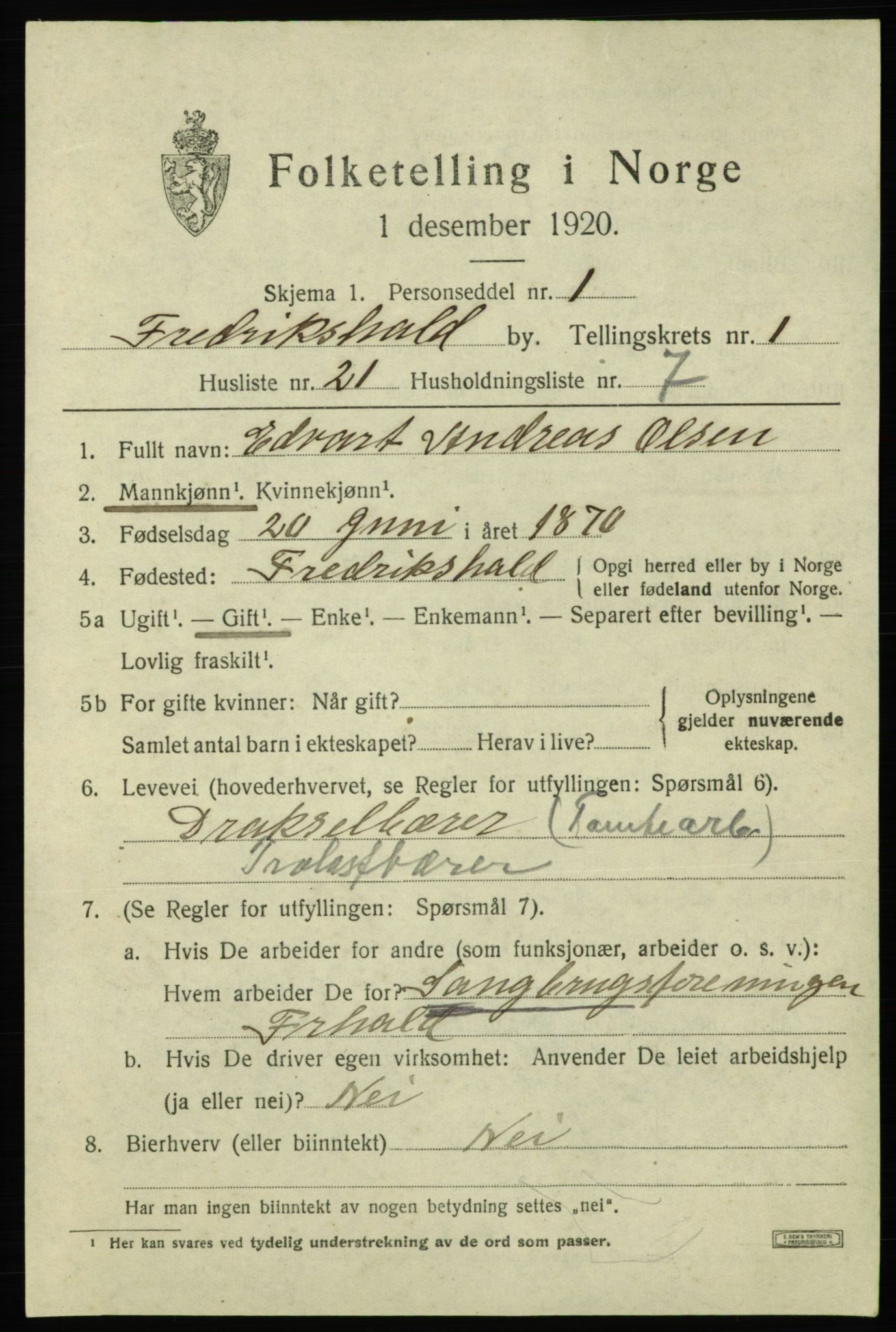 SAO, 1920 census for Fredrikshald, 1920, p. 8428