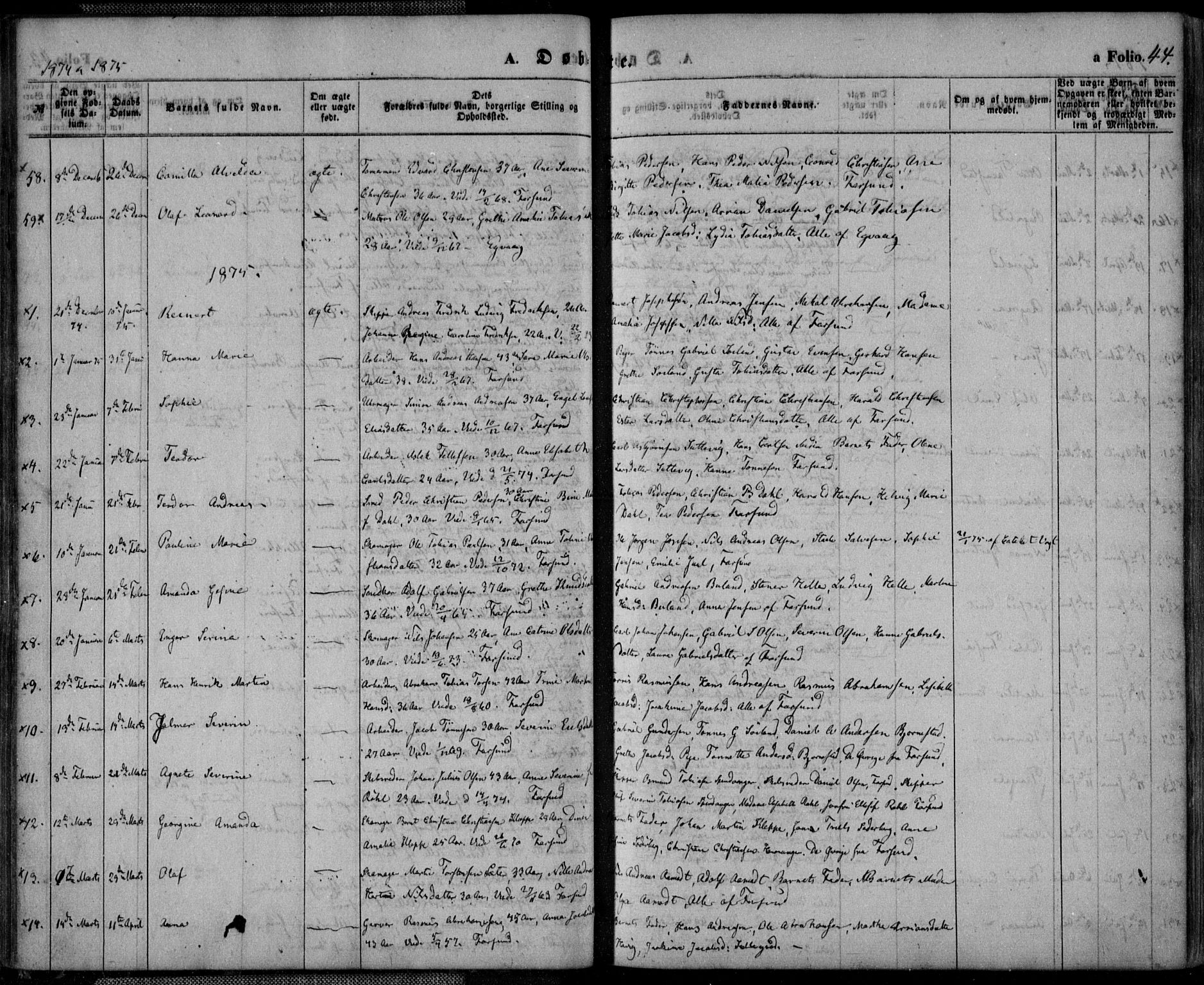 Farsund sokneprestkontor, SAK/1111-0009/F/Fa/L0005: Parish register (official) no. A 5, 1863-1886, p. 44