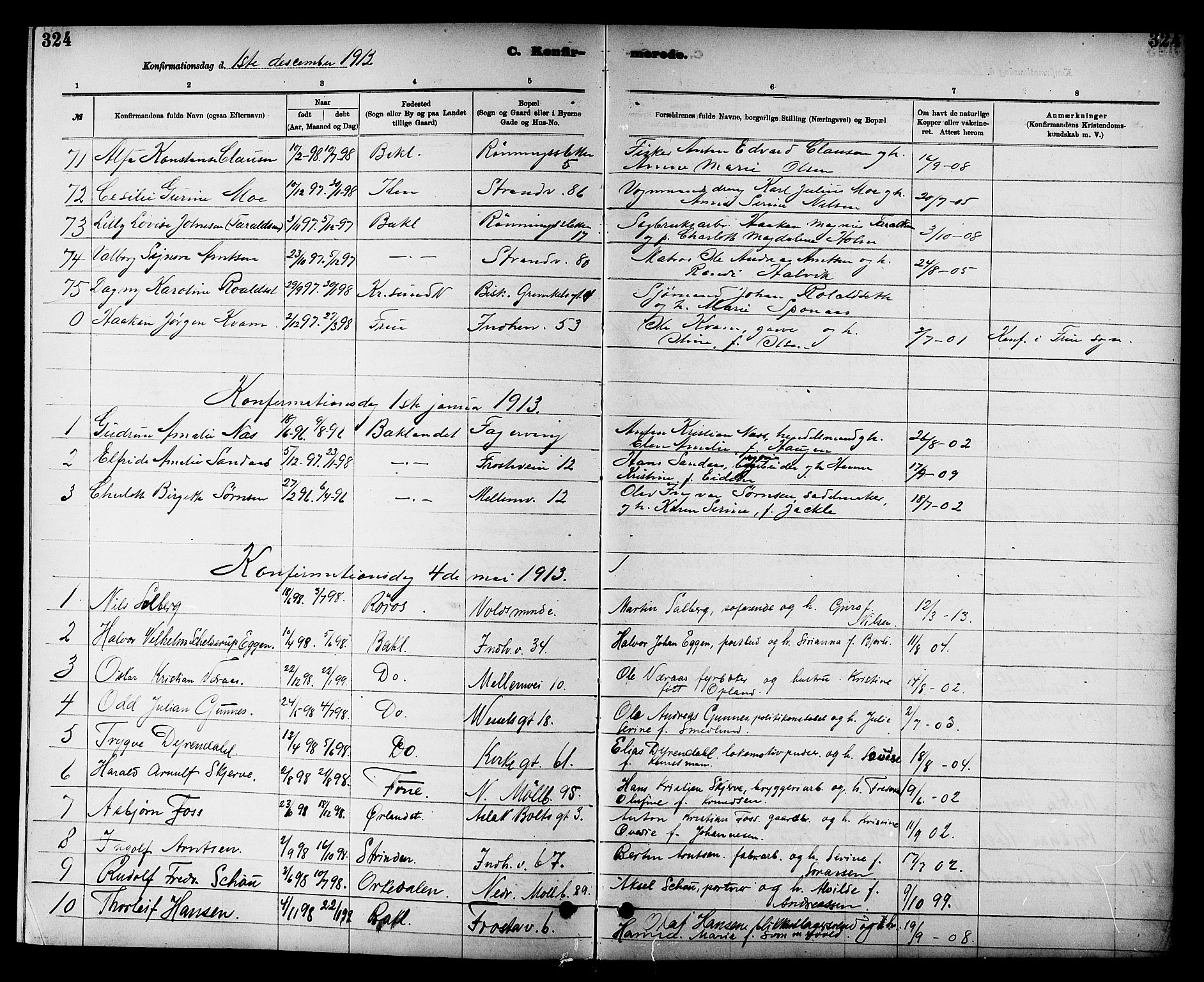 Ministerialprotokoller, klokkerbøker og fødselsregistre - Sør-Trøndelag, SAT/A-1456/605/L0254: Parish register (copy) no. 605C01, 1908-1916, p. 324