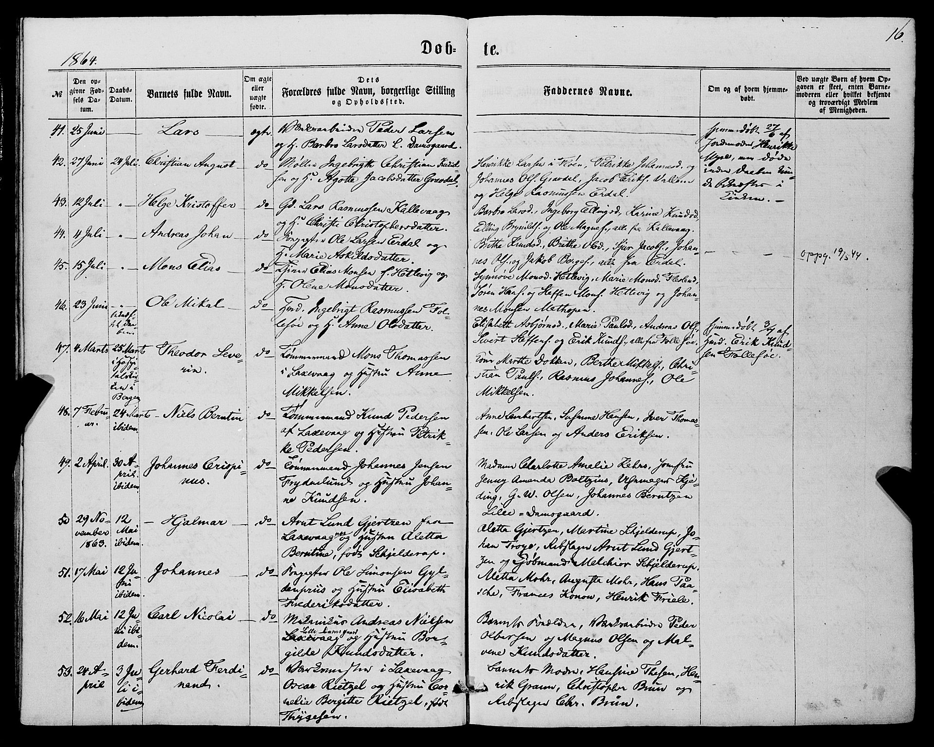 Askøy Sokneprestembete, AV/SAB-A-74101/H/Ha/Haa/Haaa/L0009: Parish register (official) no. A 9, 1863-1877, p. 16