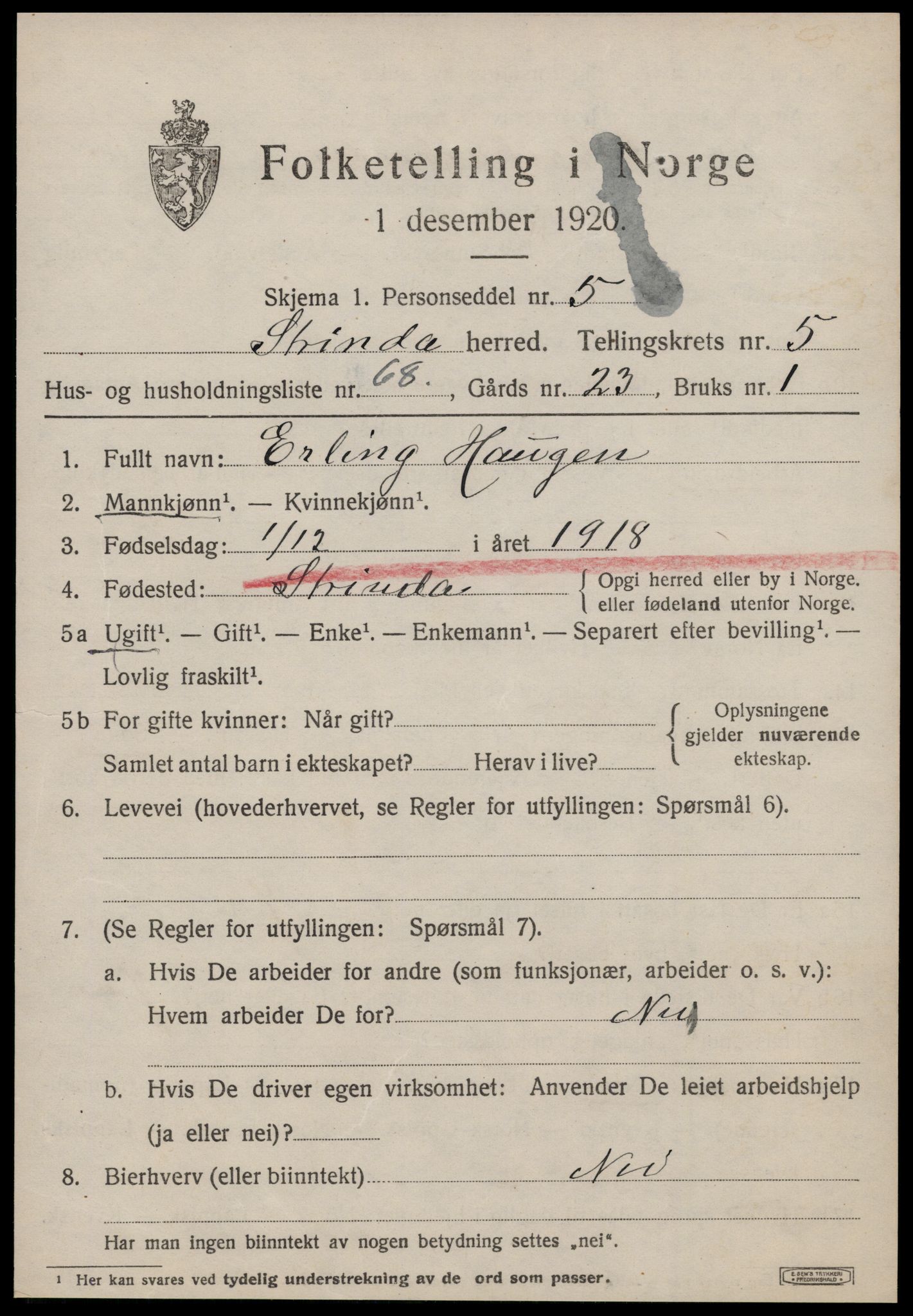 SAT, 1920 census for Strinda, 1920, p. 14448