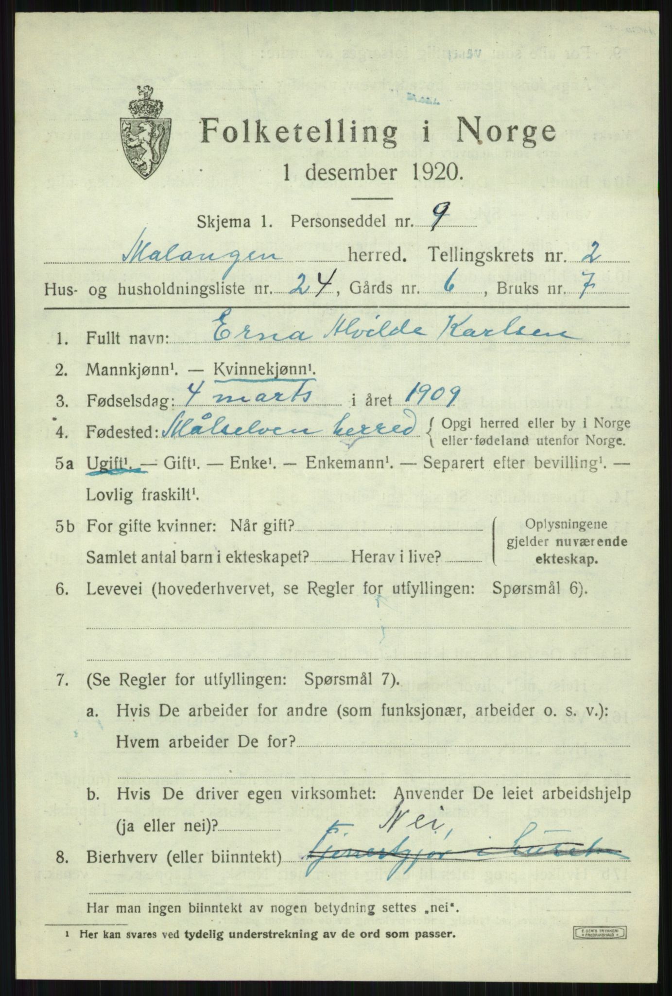 SATØ, 1920 census for Malangen, 1920, p. 1204