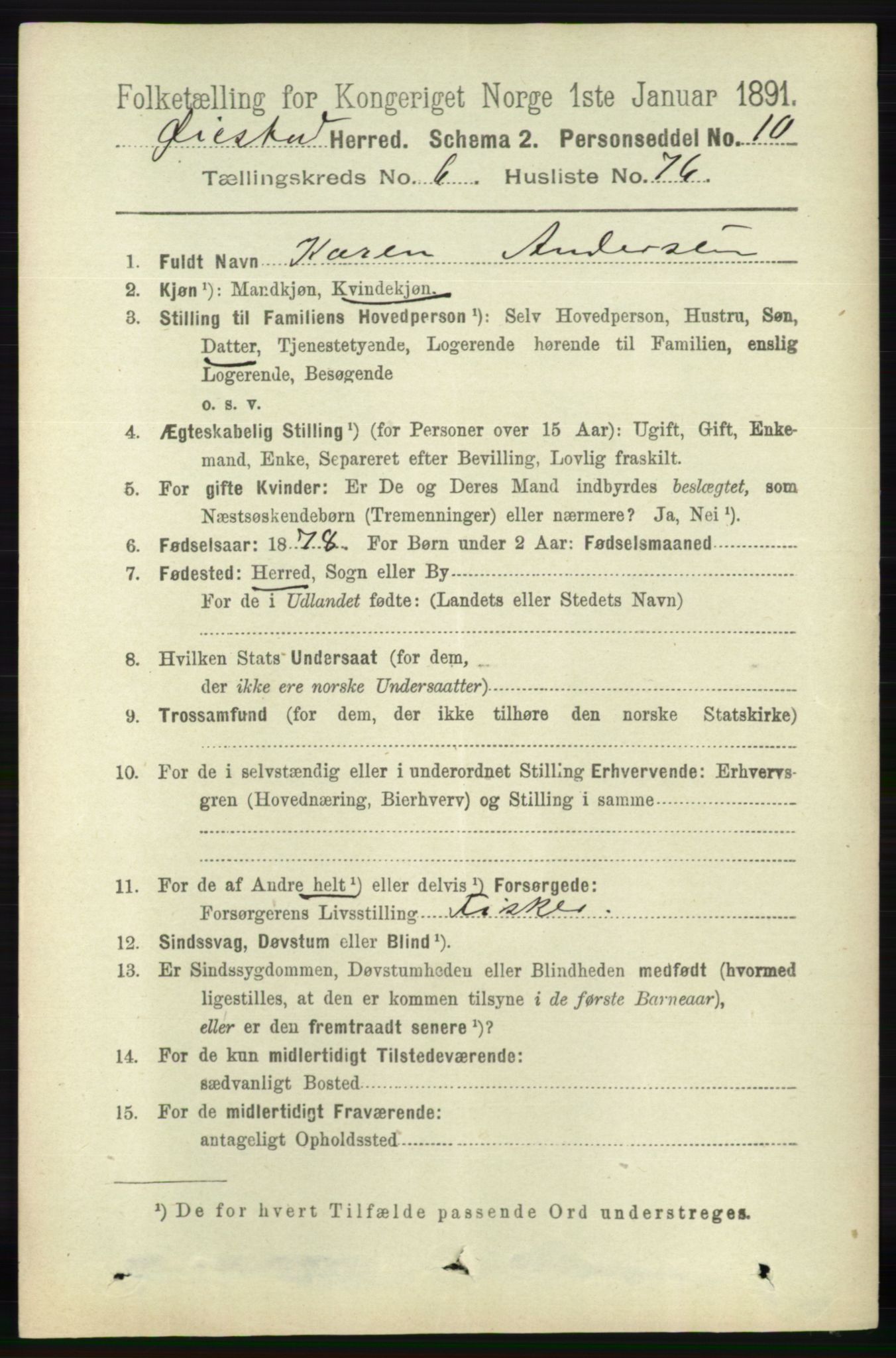 RA, 1891 census for 0920 Øyestad, 1891, p. 2564