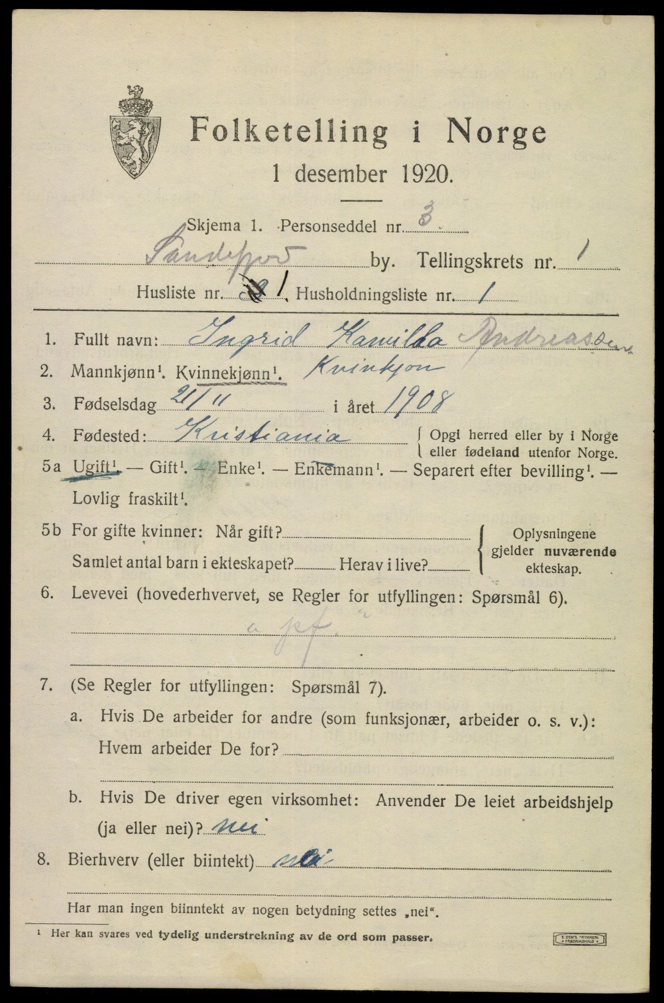 SAKO, 1920 census for Sandefjord, 1920, p. 4184