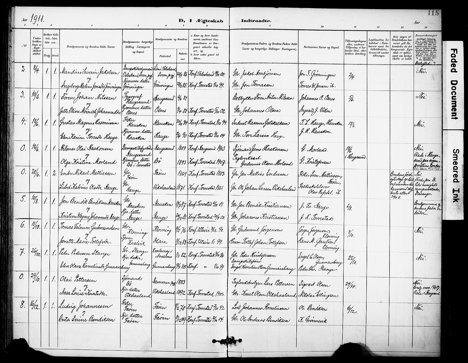 Torvastad sokneprestkontor, SAST/A -101857/H/Ha/Haa/L0017: Parish register (official) no. A 16, 1899-1911, p. 115