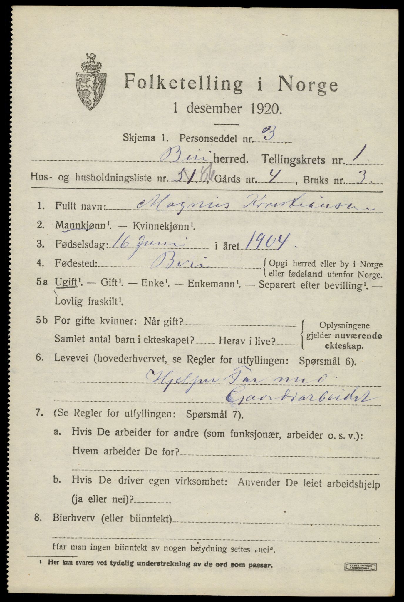 SAH, 1920 census for Biri, 1920, p. 2021