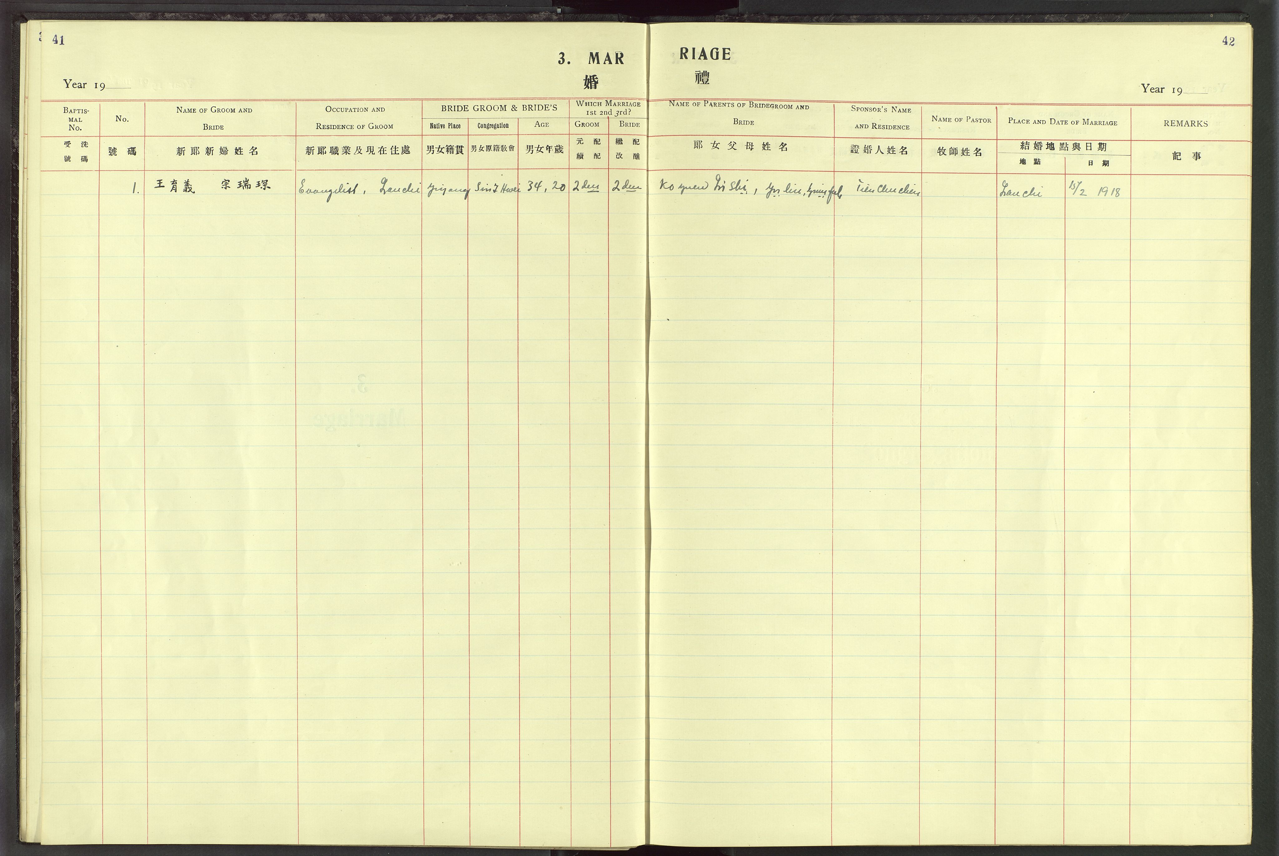 Det Norske Misjonsselskap - utland - Kina (Hunan), VID/MA-A-1065/Dm/L0025: Parish register (official) no. 63, 1908-1948, p. 41-42