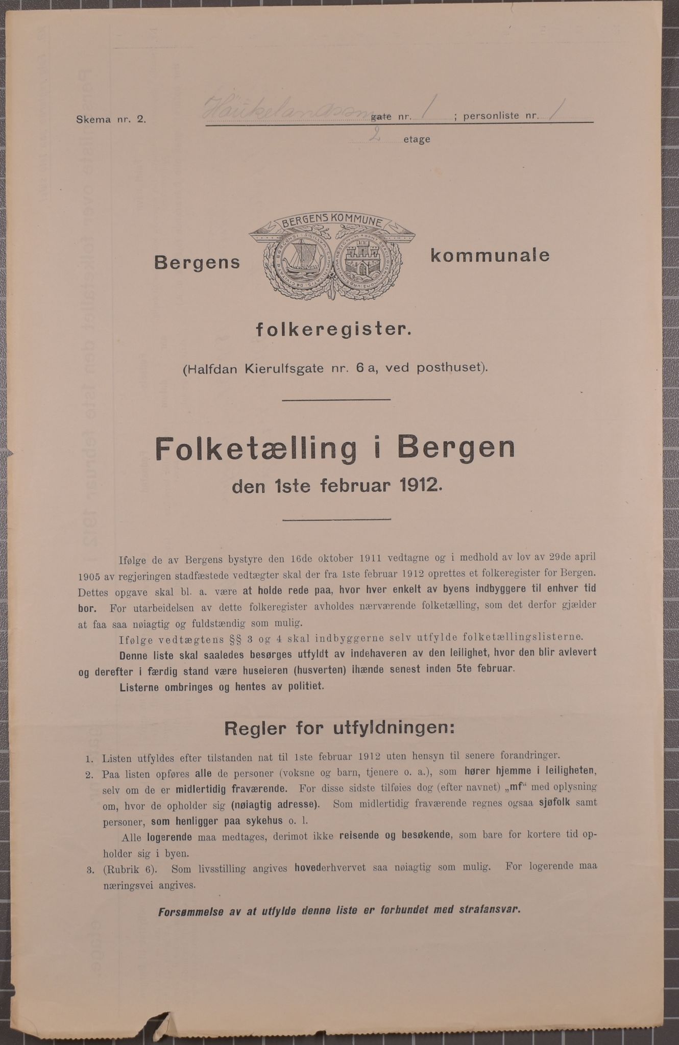 SAB, Municipal Census 1912 for Bergen, 1912, p. 1727