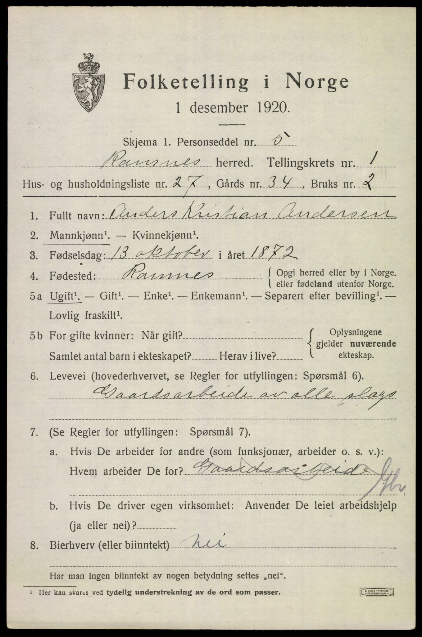 SAKO, 1920 census for Ramnes, 1920, p. 1476