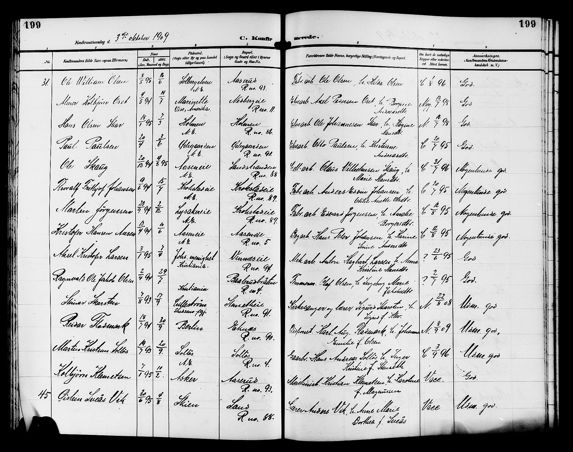 Nedre Eiker kirkebøker, SAKO/A-612/G/Ga/L0004: Parish register (copy) no. 4, 1905-1912, p. 199
