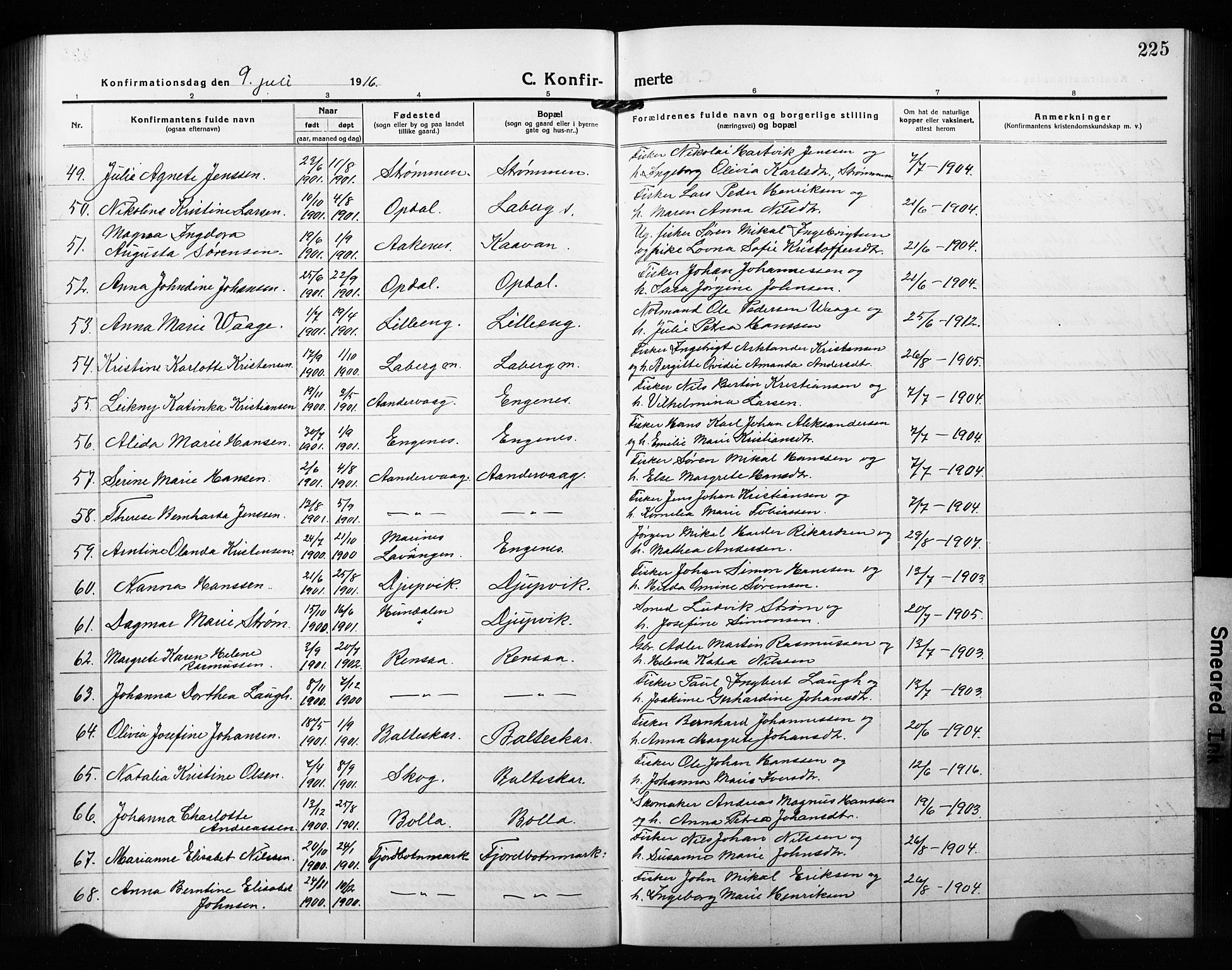 Ibestad sokneprestembete, AV/SATØ-S-0077/H/Ha/Hab/L0010klokker: Parish register (copy) no. 10, 1915-1929, p. 225
