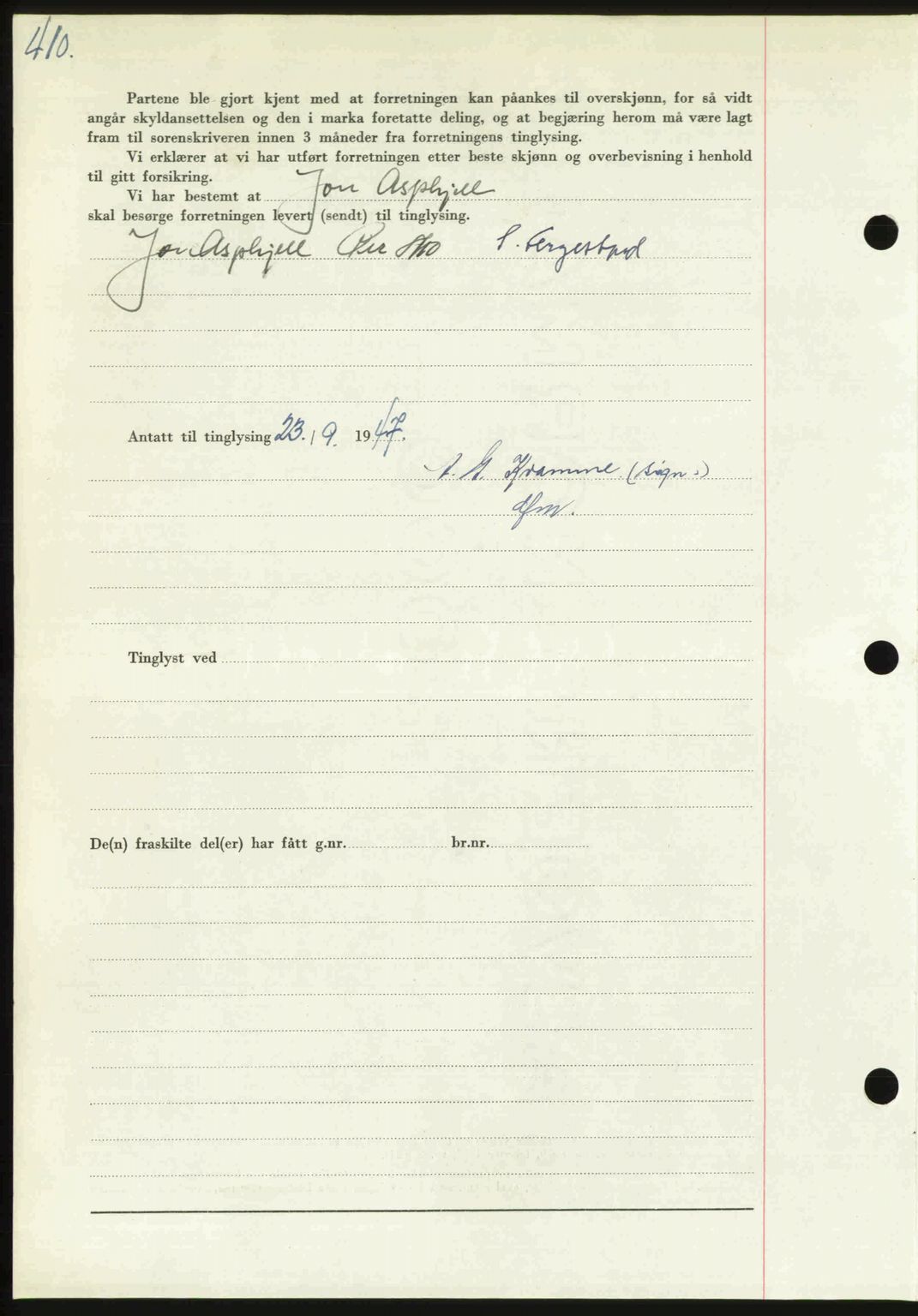 Orkdal sorenskriveri, SAT/A-4169/1/2/2C: Mortgage book no. A, 1947-1947, Diary no: : 1200/1947