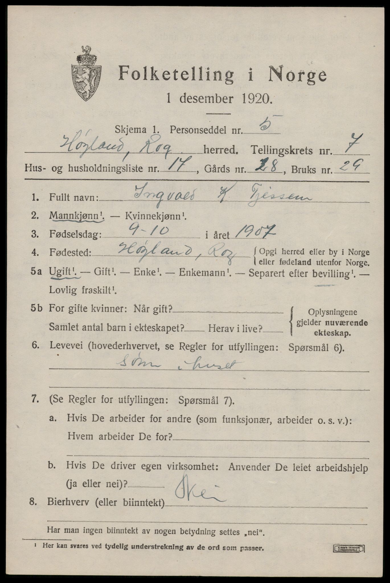 SAST, 1920 census for Høyland, 1920, p. 4846