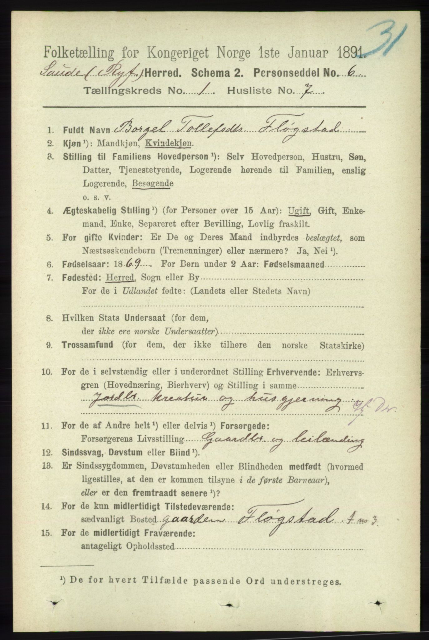 RA, 1891 census for 1135 Sauda, 1891, p. 149